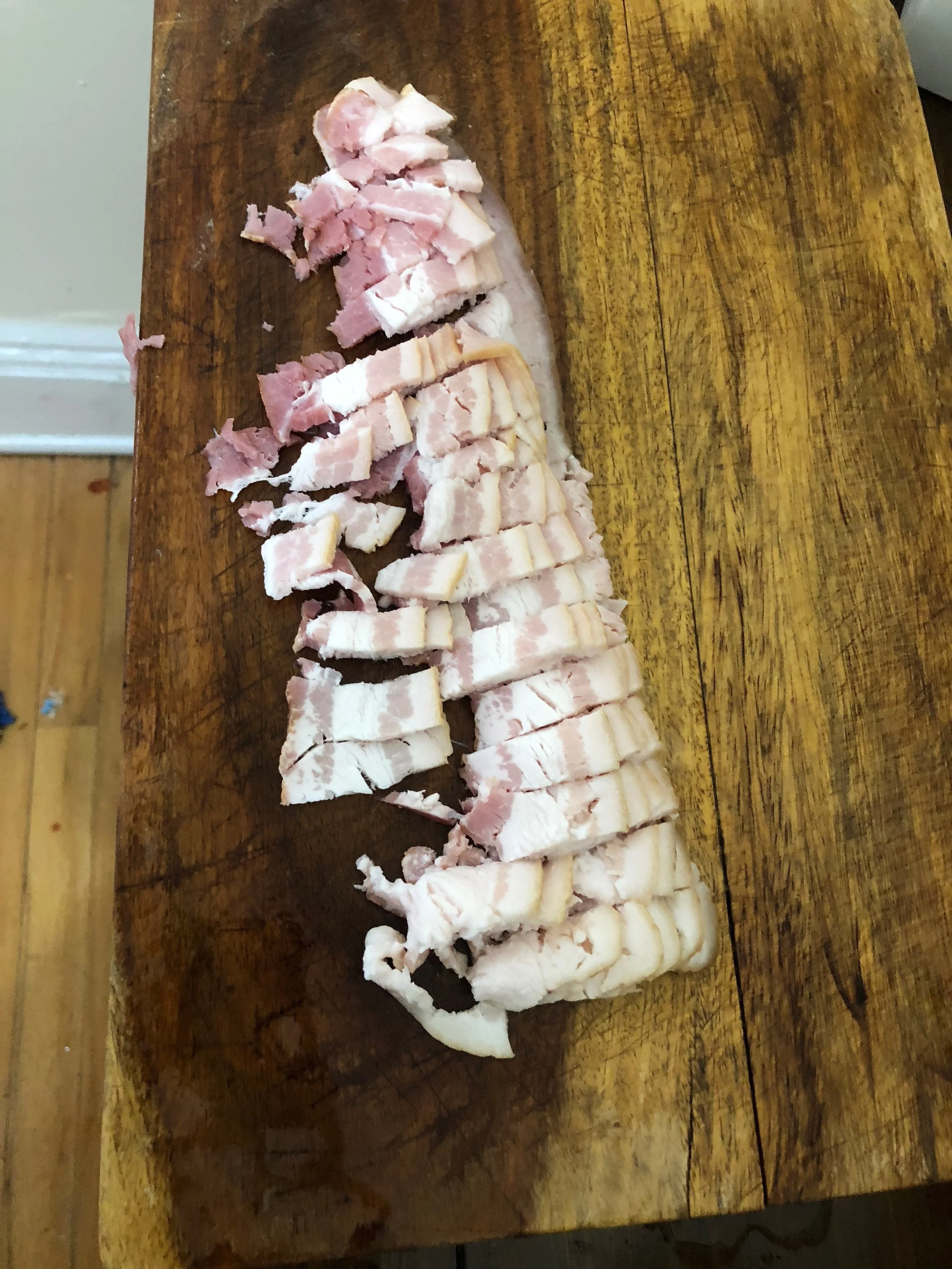 Dice the strips of bacon. Add to the bottom of a stockport and render until crispy. 