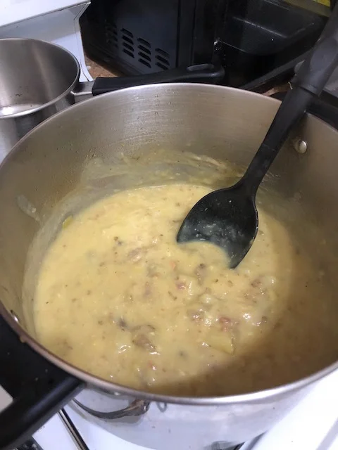 Let the soup cool and then add the cream and frozen peas (bot optional). Turn on low heat until everything is integrated. &nbsp;*Serving suggestion: Top with grated horseradish cheddar.My Comments: This recipe was created by moi, because I found a b…