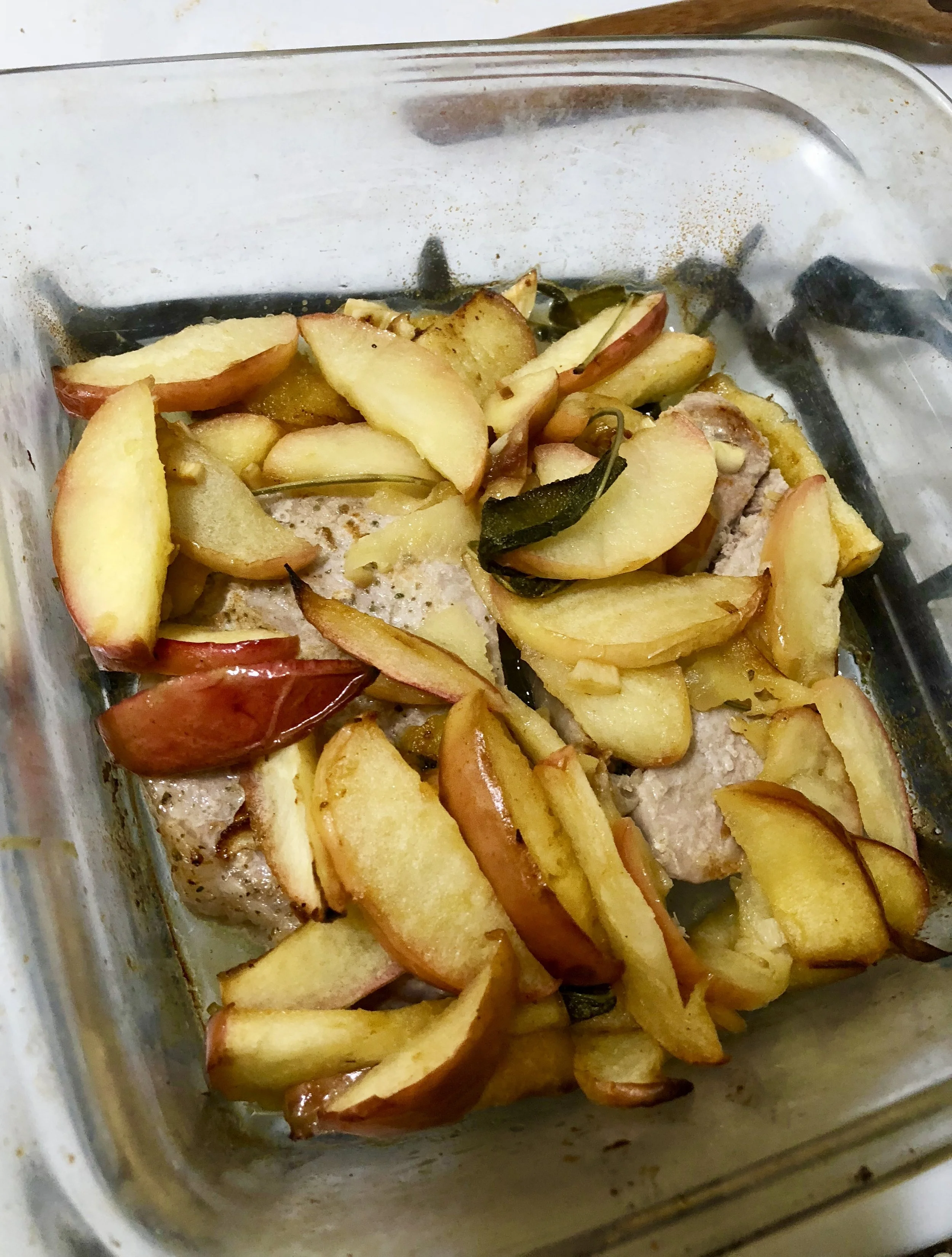 ingredients 2-3 medium Apples pkg pf sage leaves 2 medium prod chops (trimmed- no bones) 0.25 cup of butter (you won't use the whole thing, but have on hand) garlic (2-3 cloves) salt pepper