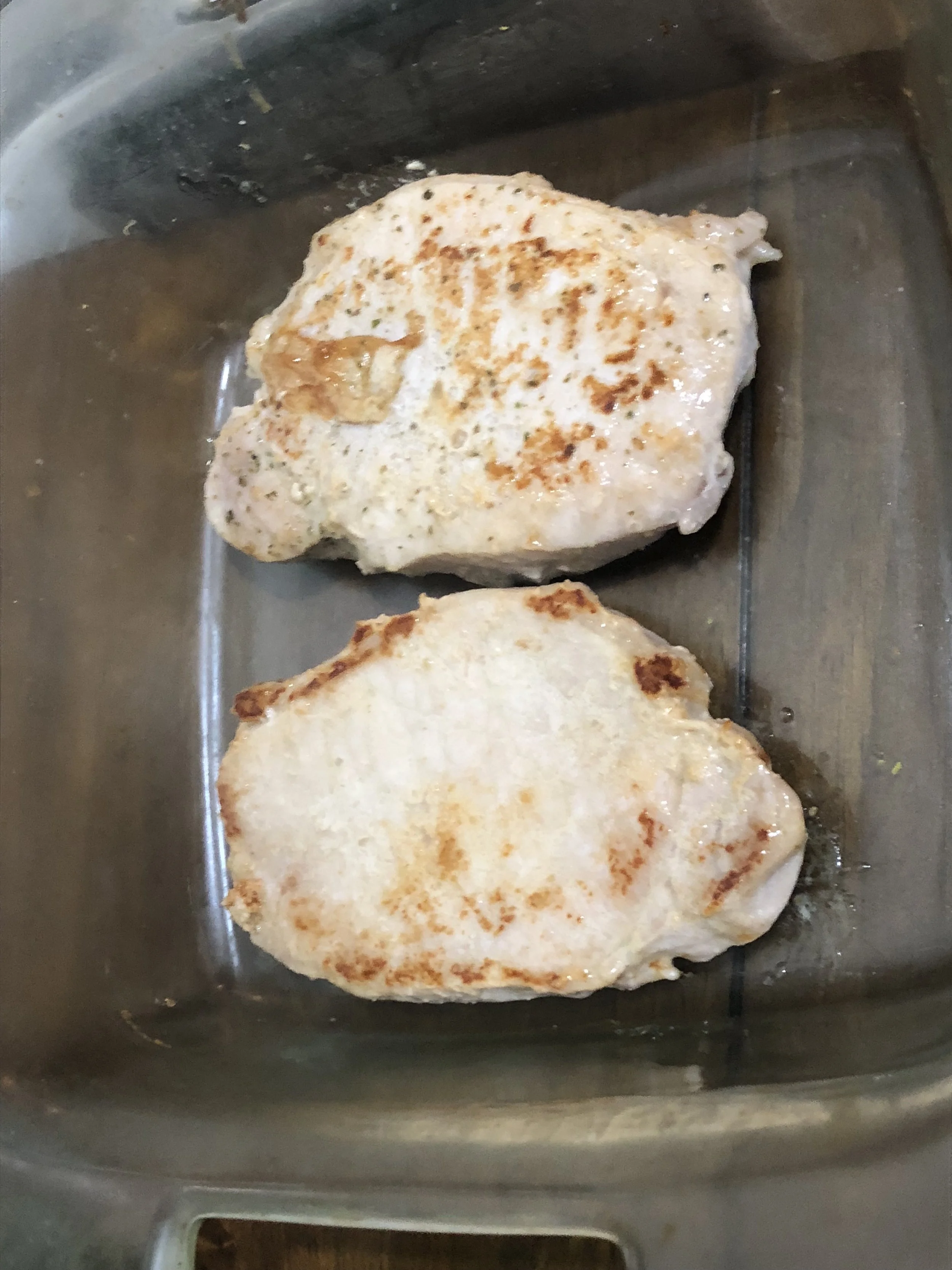 Brown on both sides and add to glass baking dish. Put them in the oven with a piece of foil on top.