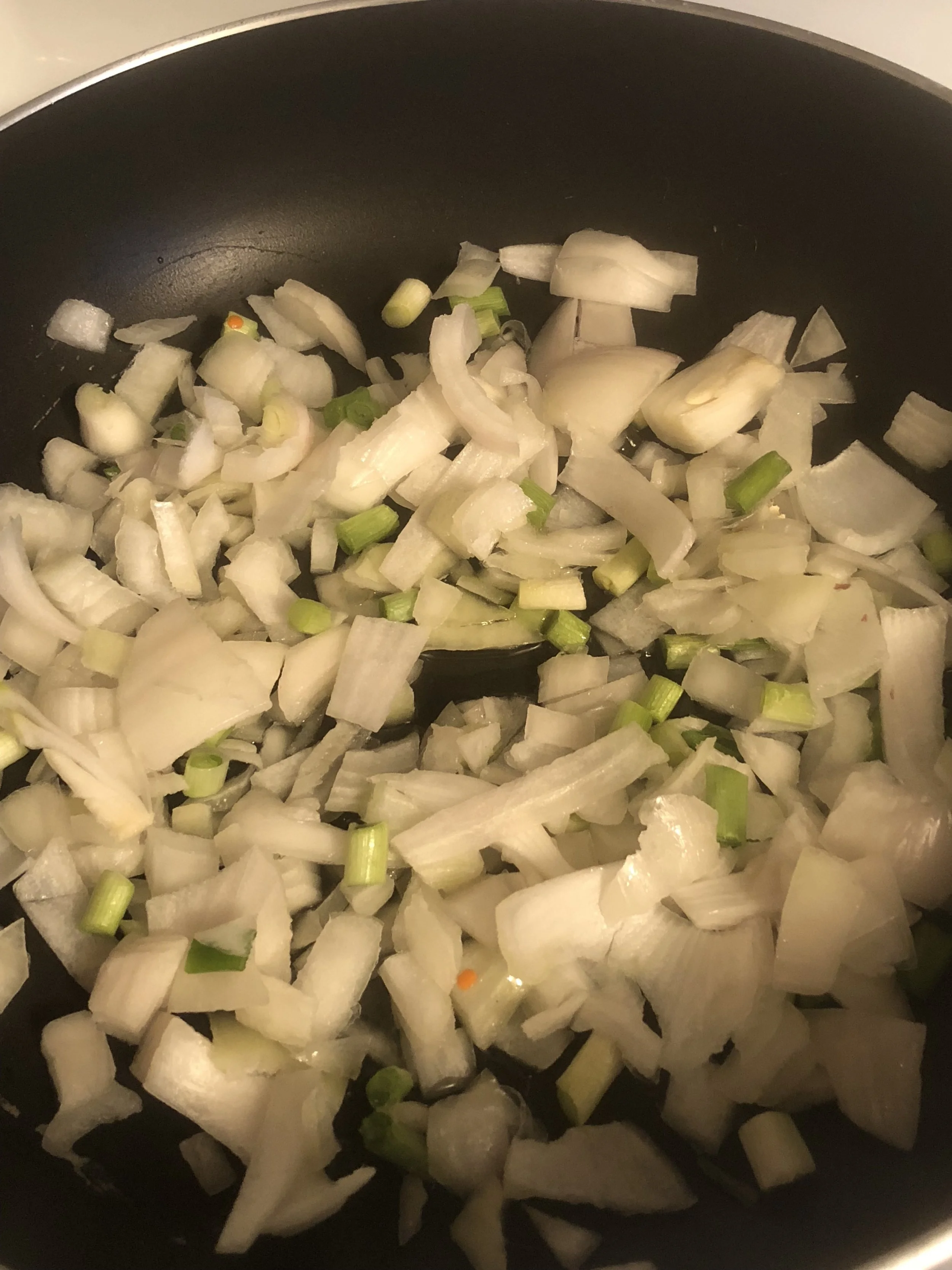 Dice the Onions and add to the medium skillet with the oil and cook until clear.