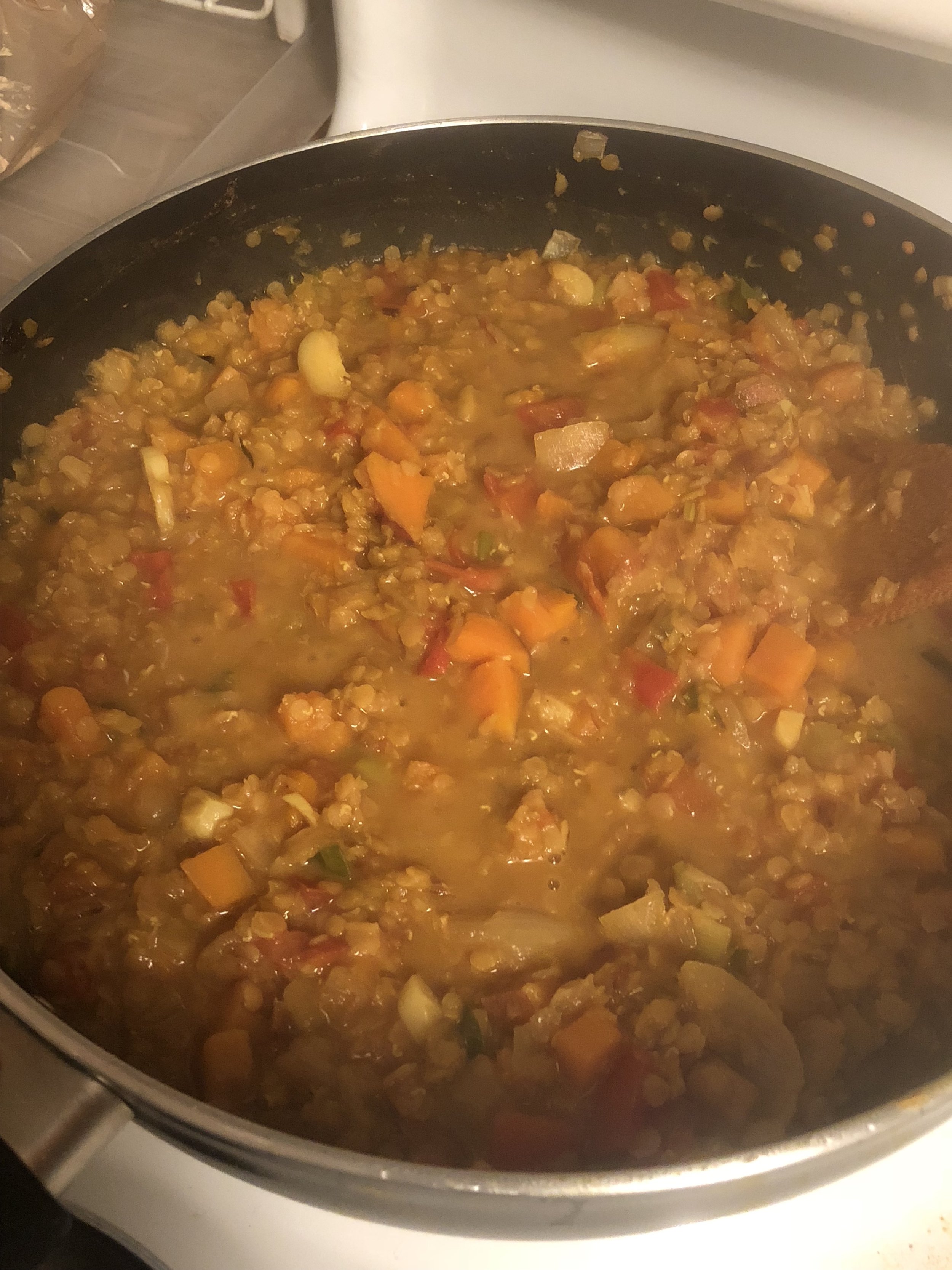 Cook until lentils are completely done and the additional liquid is cooked off!