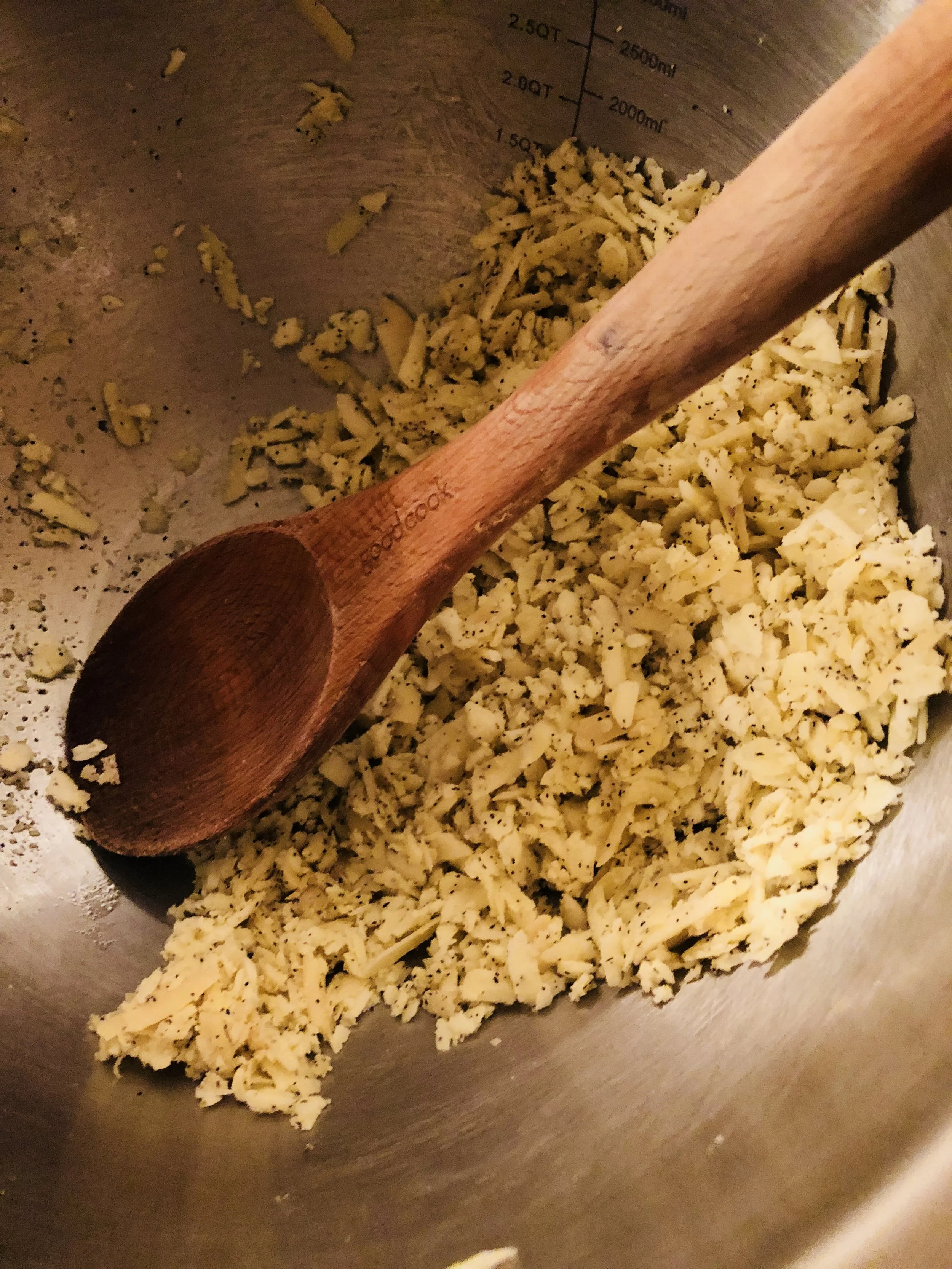 Using your wood spoon, mix everything and crush the cheese. The recipe I used called for making everything into a paste, but I think perhaps I crushed everything a little bit too much. Heading forward I would not mix until it became an actual paste.