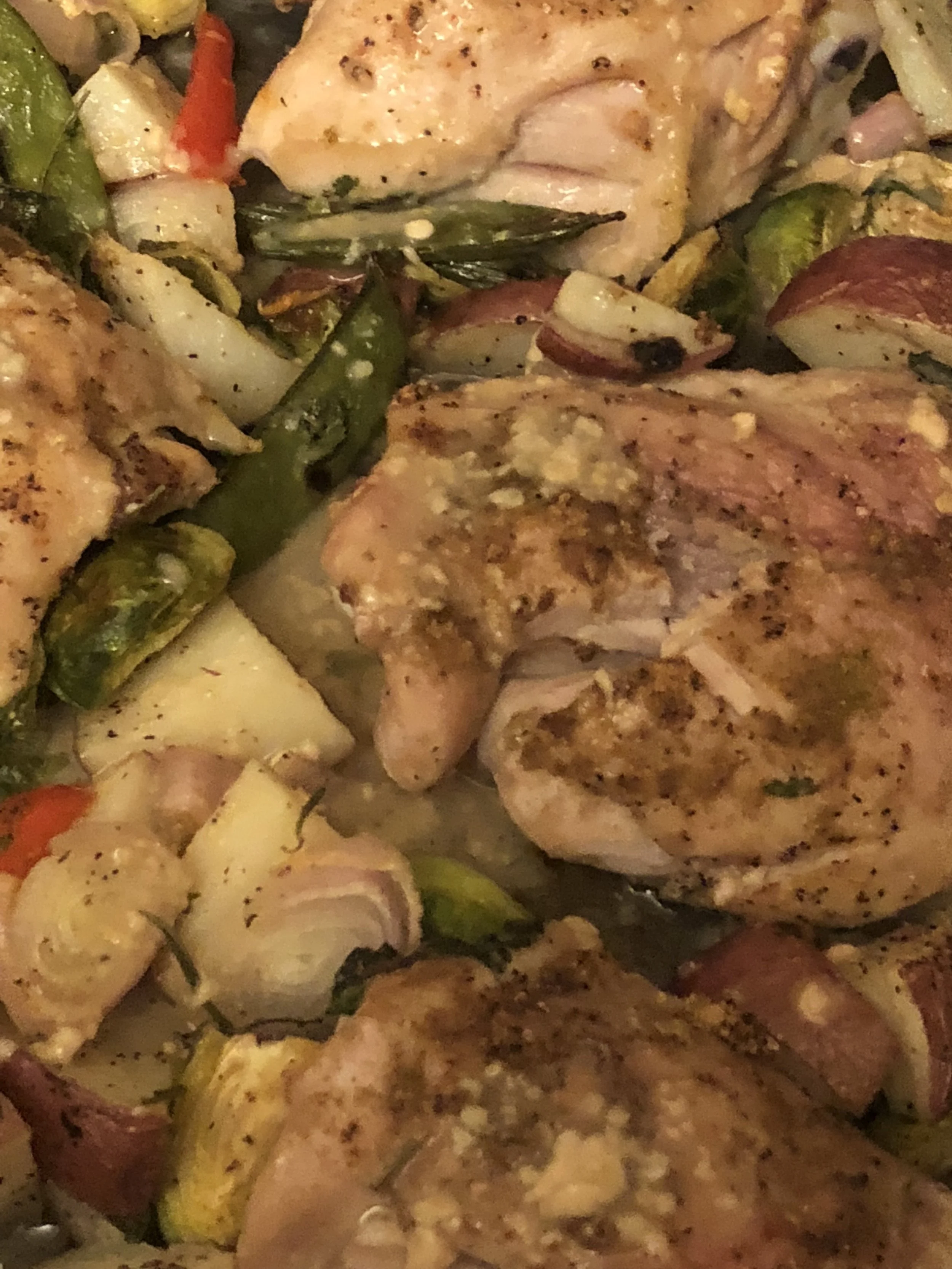 IN-gredients 3-5 chicken thighs 2 tsp of paprika tsp of crushed red pepper 2 tsp of sea salt chyrstals tsp of ground black pepper potatoes- either 9-11 fingerling potatoes or 3 red potatoes 3 medium shallots 11-13 brussels sprouts sugar snap peas (apx cup) red bell pepper, cut into slices 2 tsp of diced rosemary 5 tbs of olive oil 2 tbs of cider vinegar 2 tsp of whole grain mustard 1 tsp of honey Plan of Attack 