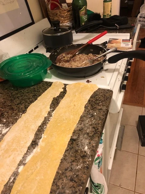 In this iteration of this recipe I was making massive ravioli, but if you were interested in making medium/sm ravioli you would run the dough through more times to get it thinner.Using your hands, take spoonfuls of meat/cheese filling, and form into…