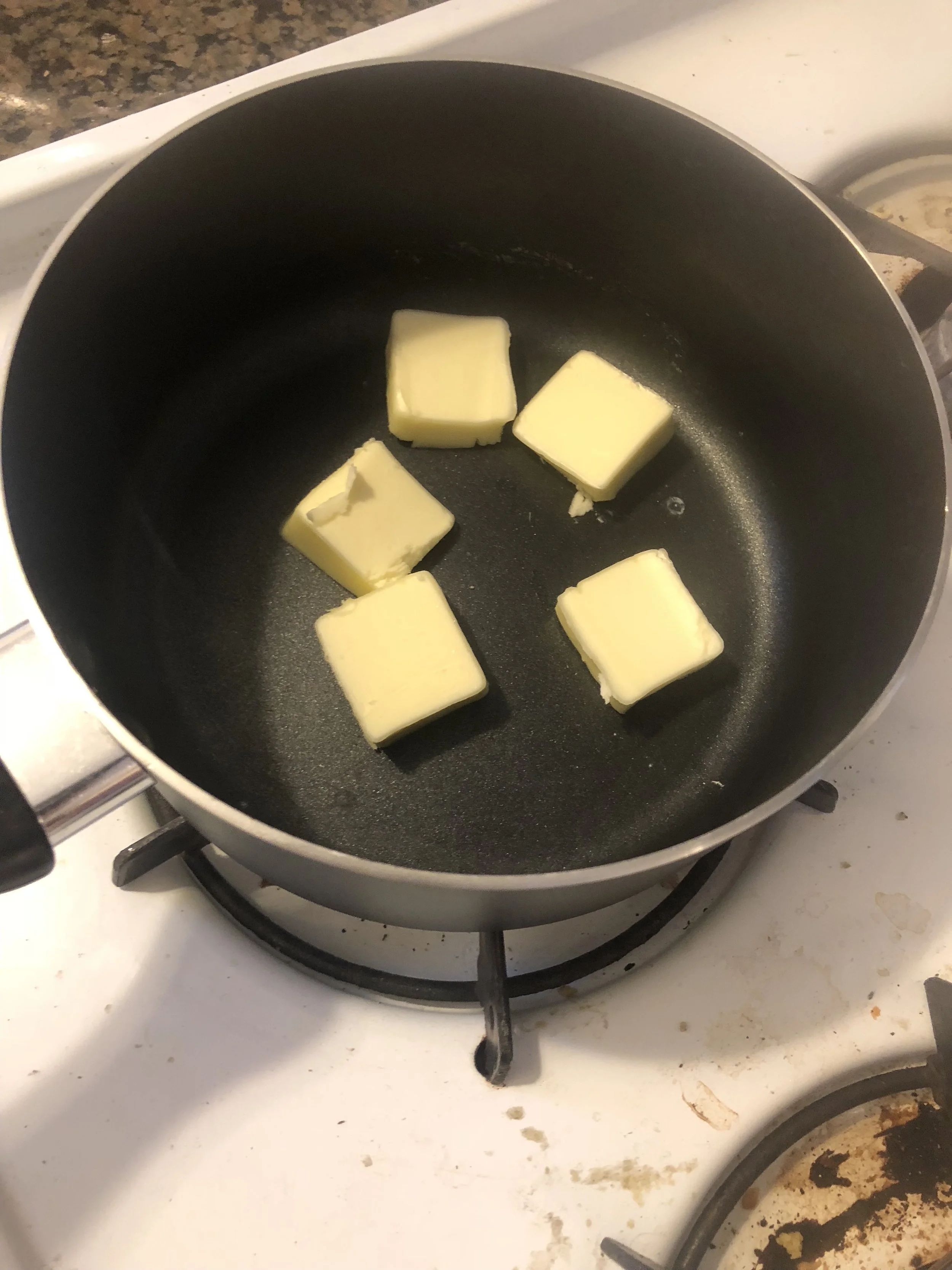 Add the butter into your medium sauce pan. Melt the butter over medium heat and don't let turn to b butter.