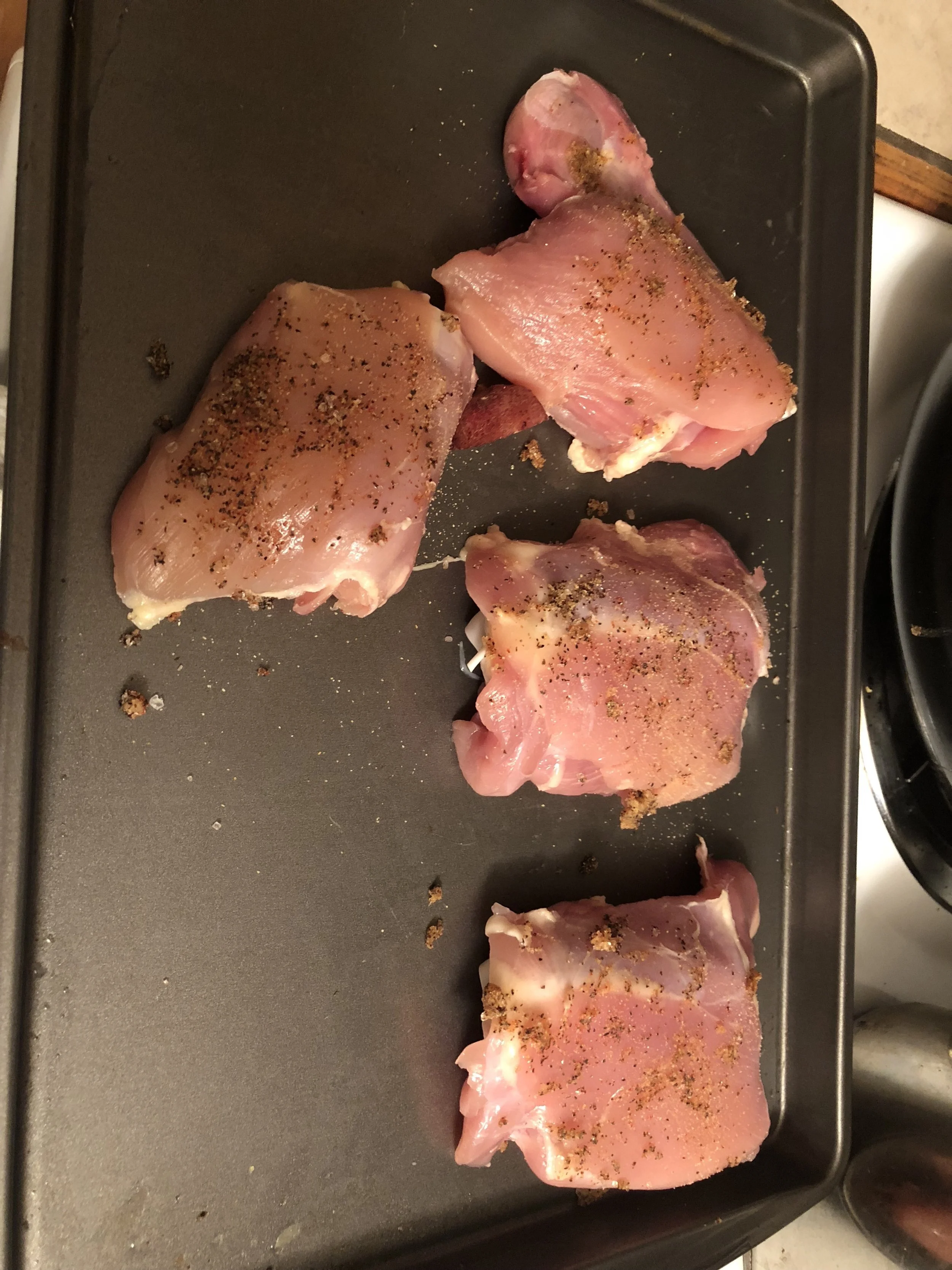 Remove the skins from the chicken. Combine the paprika, red pepper, sea salt, pepper (and perhaps some cumin) and rub generously over the chicken pieces.Place them on a rimmed baking sheet. Dice the shallots with a medium hand, halve the Brussels sp…