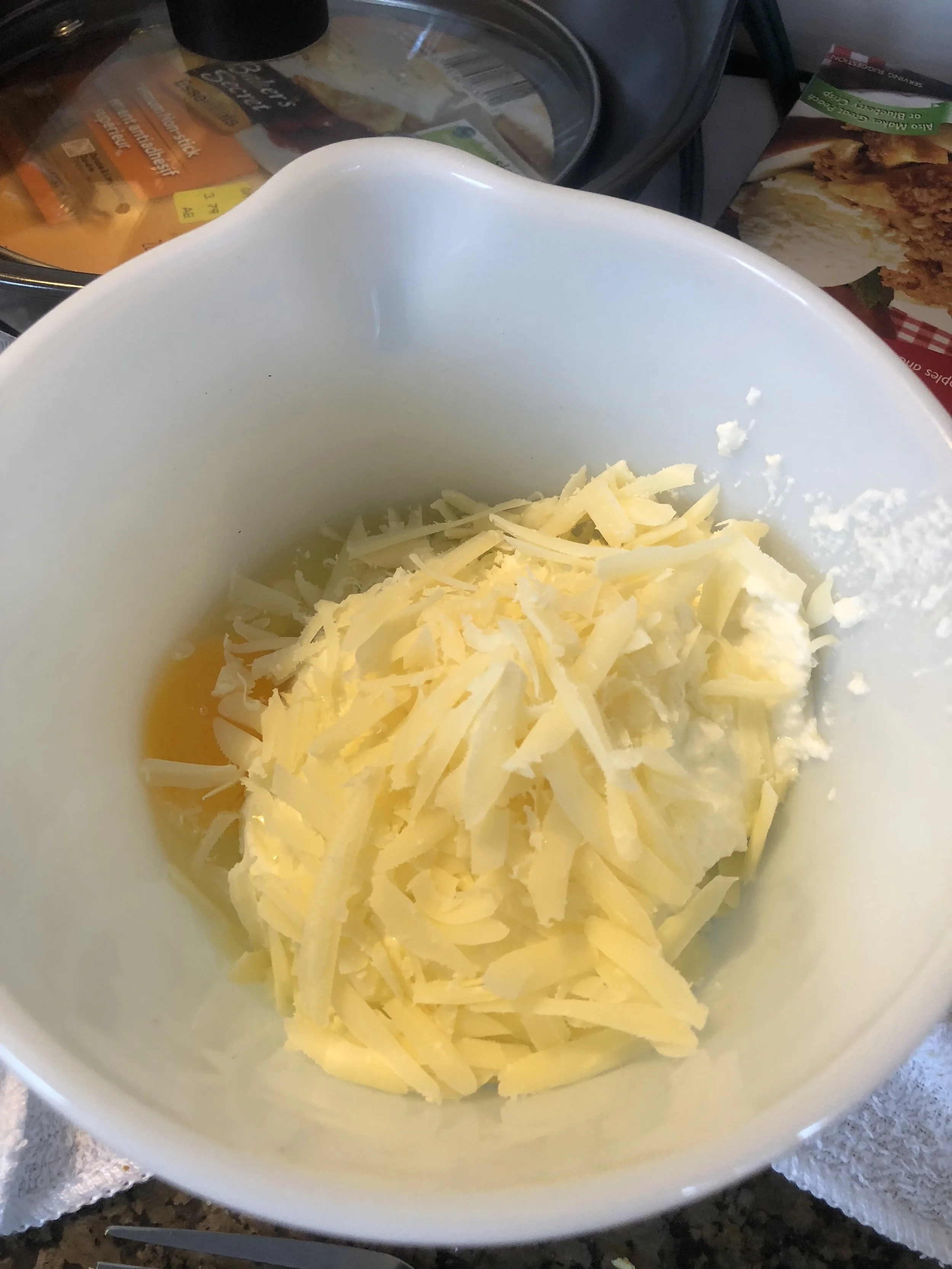 Add ricotta, salt, pepper, powdered garlic shaved parmesan, and eggs to a mixing bowl. Mix thoroughly.&nbsp;