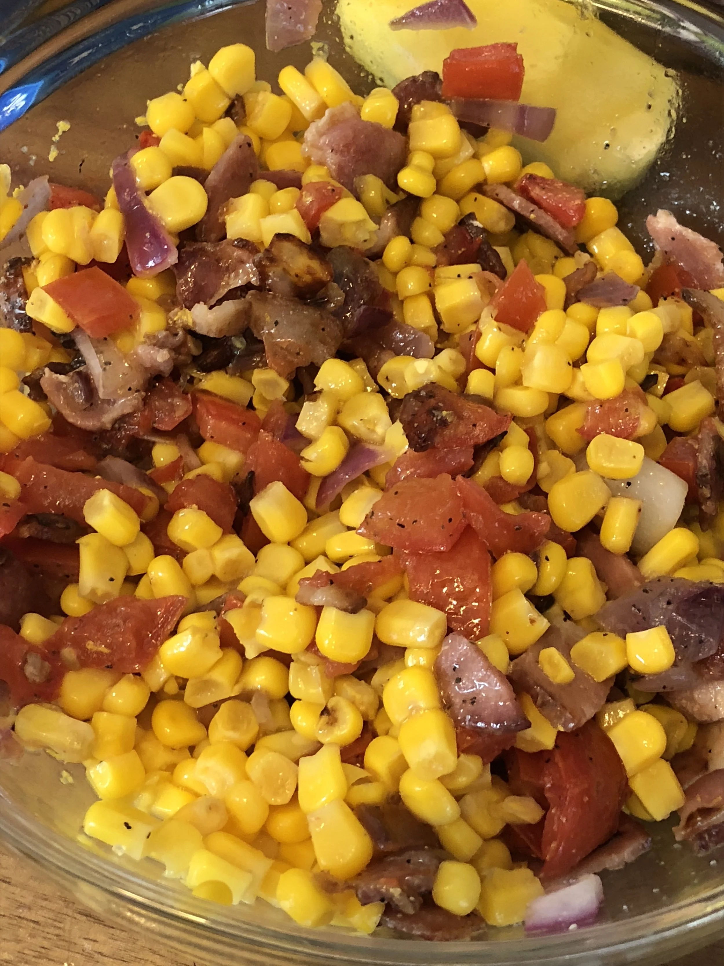 Ingredients 5-6 pieces of bacon can of sweet corn medium red onion 2-3 Roma tomatoes can of black beans packet of Goya Sazon with cilantro and tomato Plan of Attack 