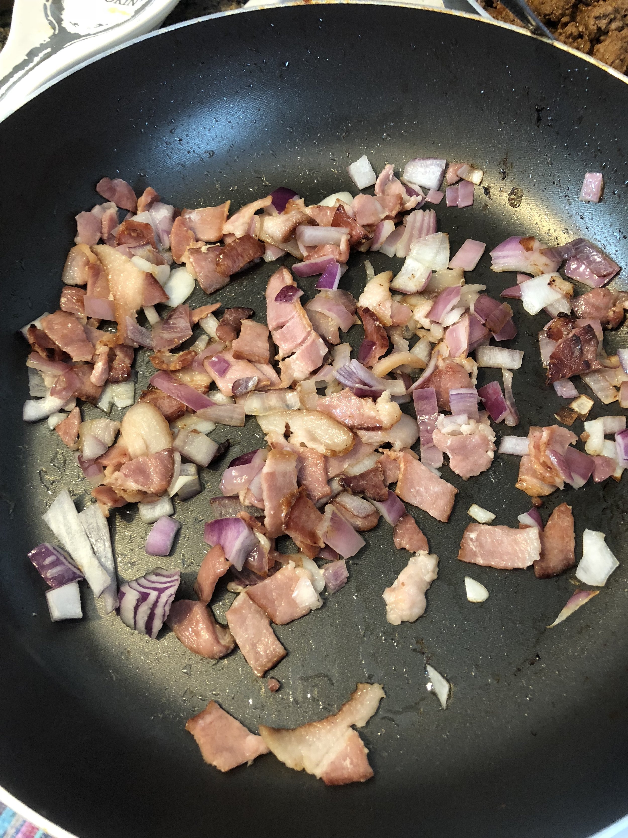 Dice your bacon and onions and add them to your medium skillet. Cook under crispy and rendered. While bacons cooking, chop and core your tomatoes, put them on your medium sheet pan covered with olive oil, and seasoned with salt and pepper. Put them …