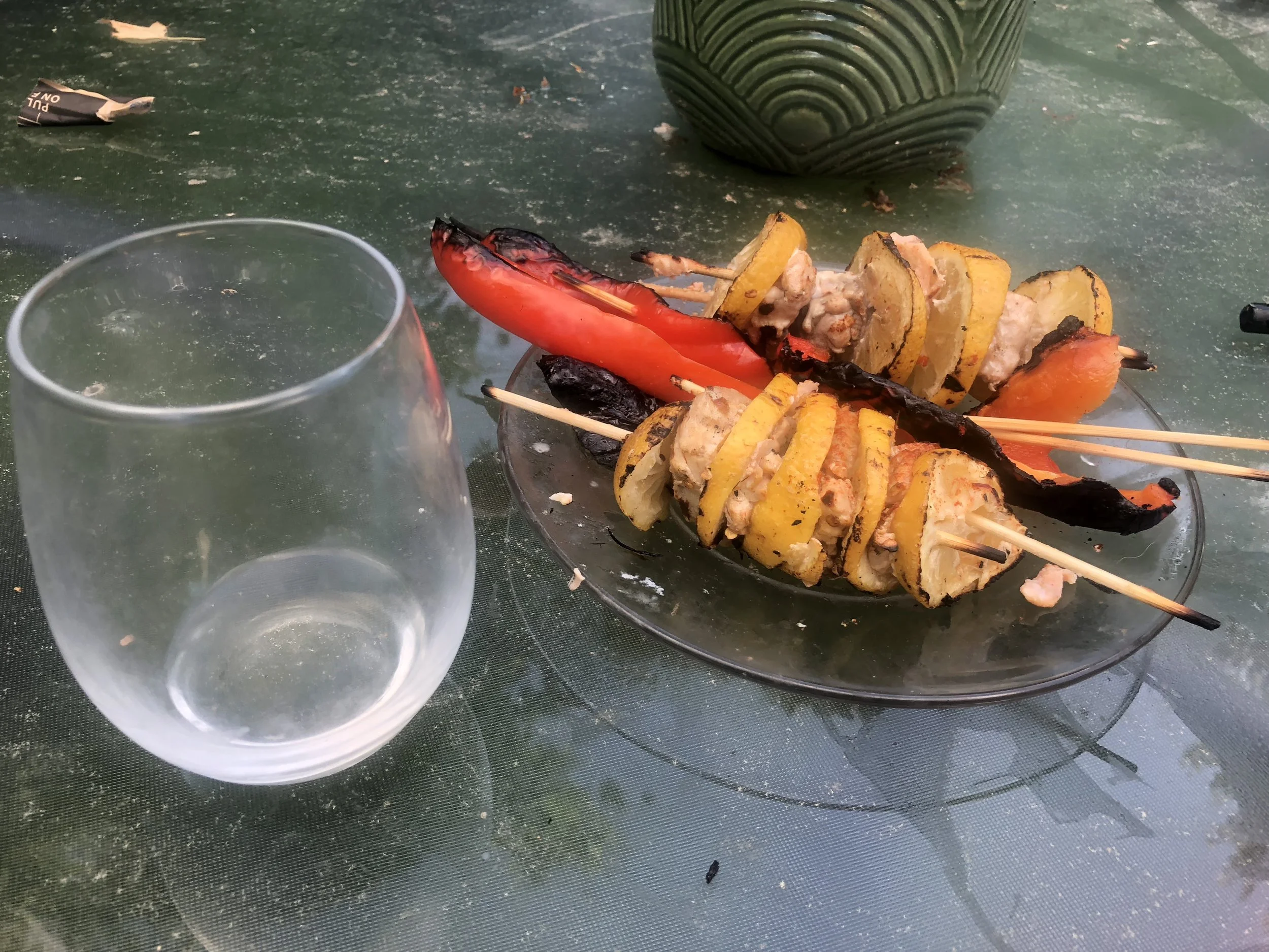 Remove from grill (and finish your beverage) Put the skewers on the side to cool