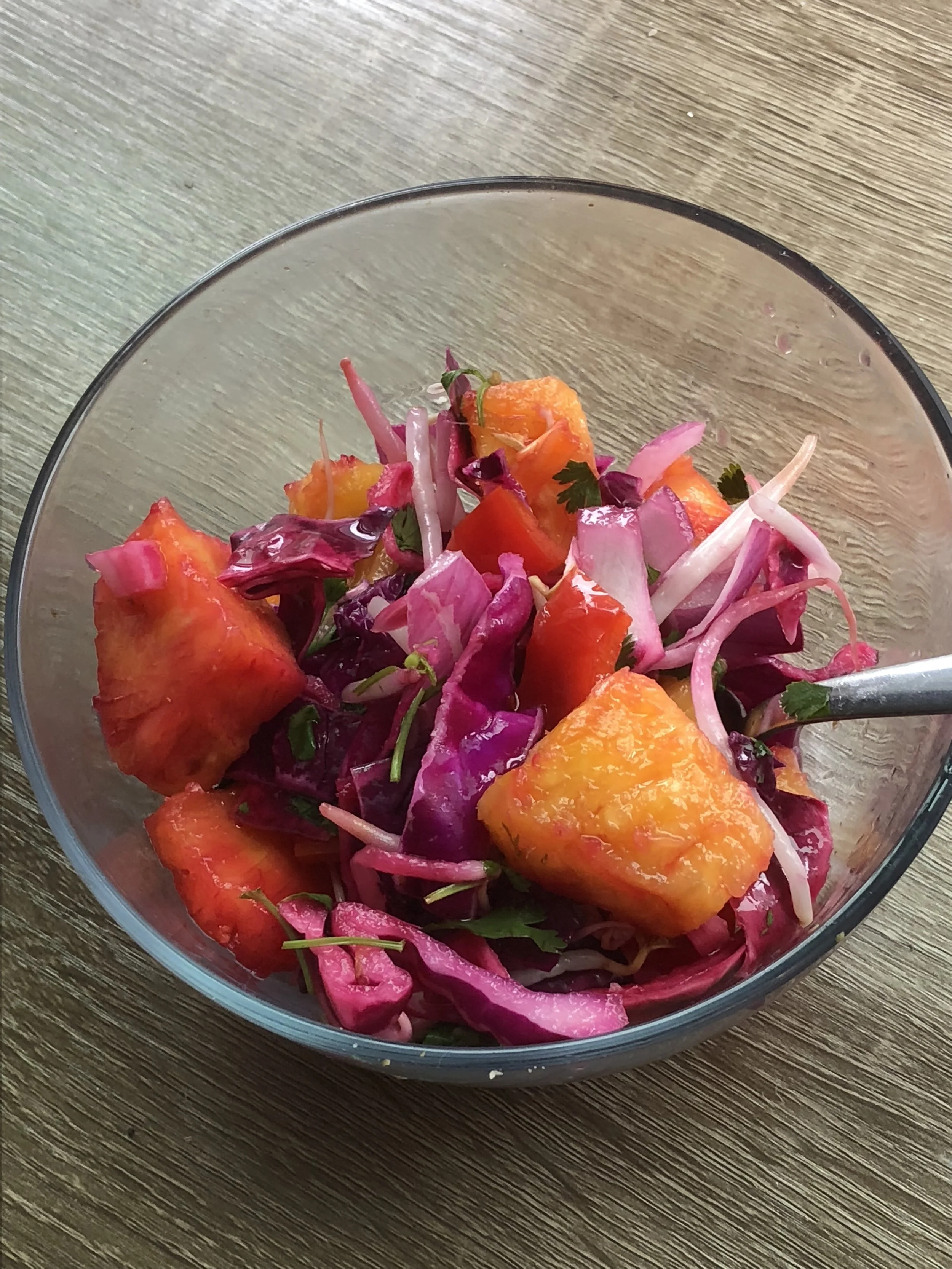 IngredientsMedium head of red cabbageCup of Bean SproutsMedium ripe pineapple (apx 2 cups of pineapple)bunch of cilantroRed Bell PepperMedium Onion (Red, yellow or Spanish) or medium bunch of scallionsmedium jalapeno (optional)*Additional ingredient…