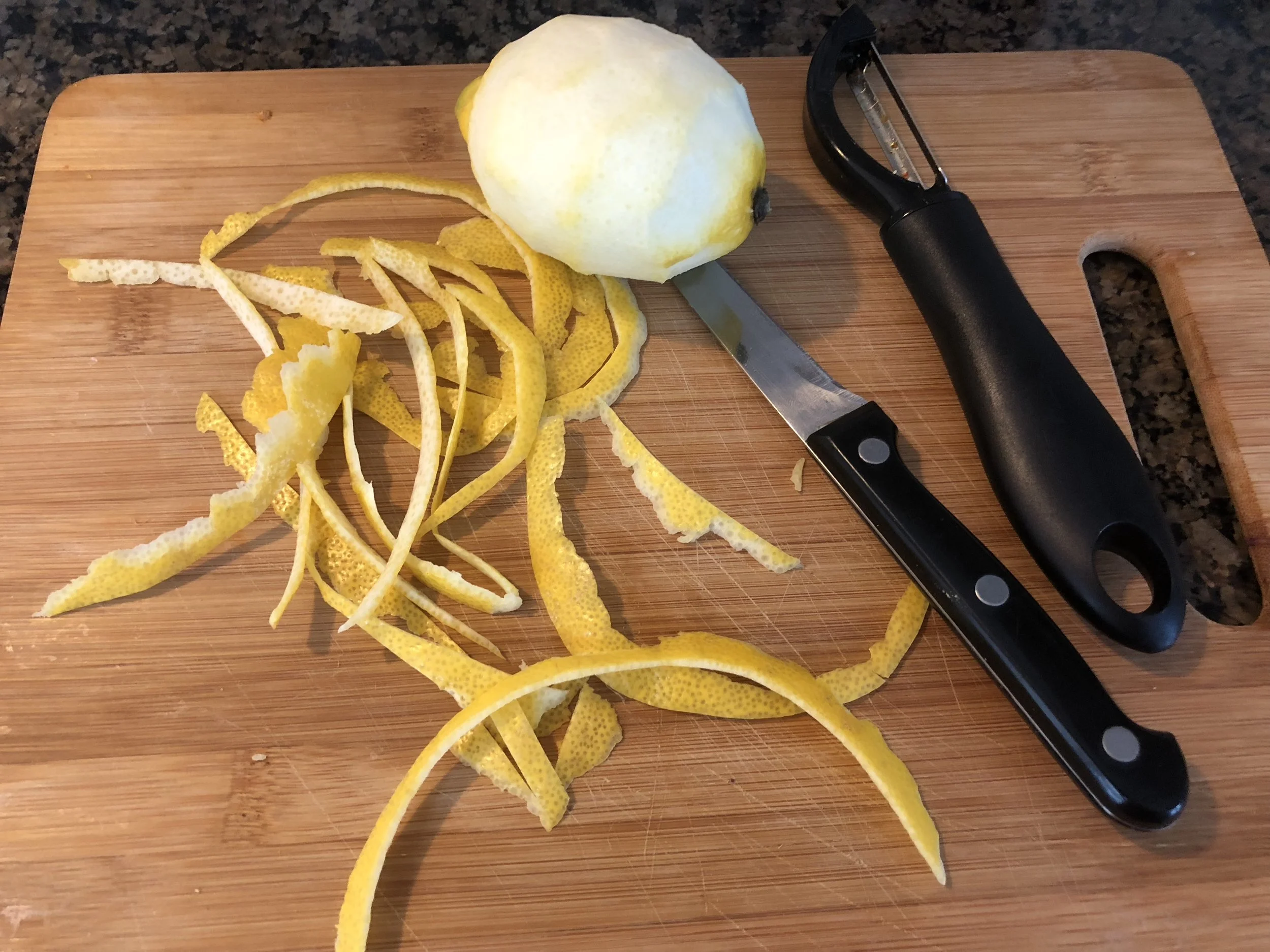 Using your vegetable peel, peel the lemon. *They sell specialty tools for peel peel for garnish, but I used my traditional vegetable peeler