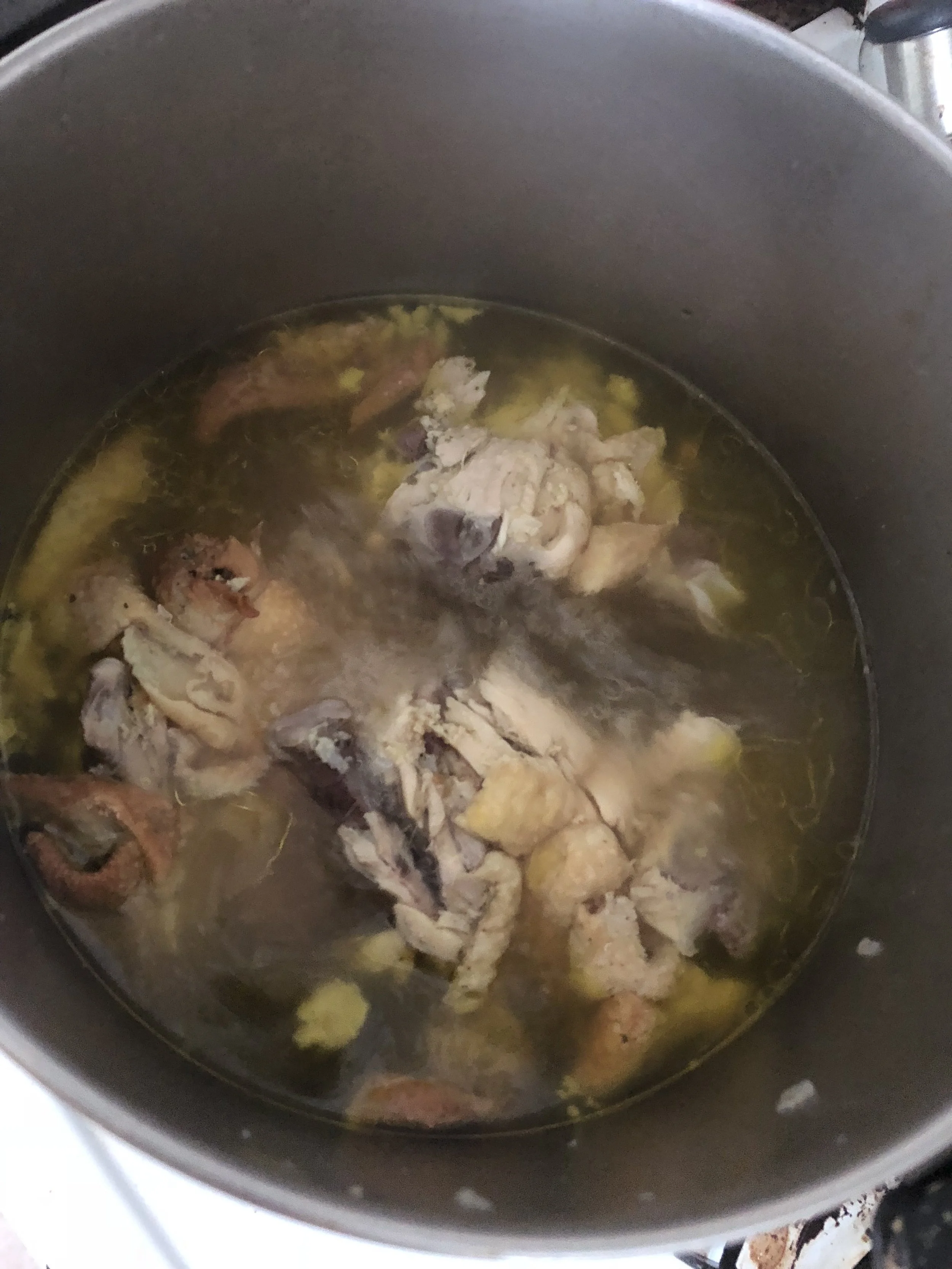 Submerge your roasted chicken in your big stockpot with about an inch of water on the surface above the bones. *Spoiler alert- the recipe I was working from called for 2 whole chickens, but this was not in my budget and there was not room in my freezer so I went with the combination of chicken boullion and chicken stock from the actual chicken. Cook until flavorful (roughly 2 hours)