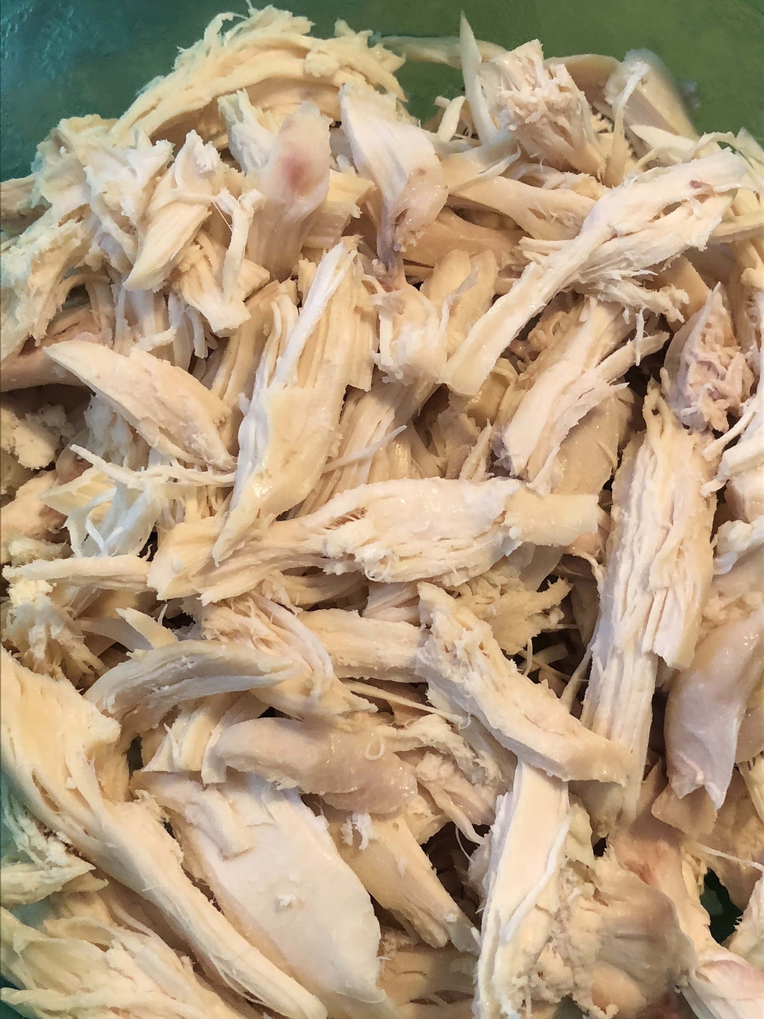 Strain the chicken stock into another pot, being careful to keep all the liquid for the stock of your soup. Remove the chicken from the pot and when it is cool, clean the chicken into shredded bite sized pieces.Set aside