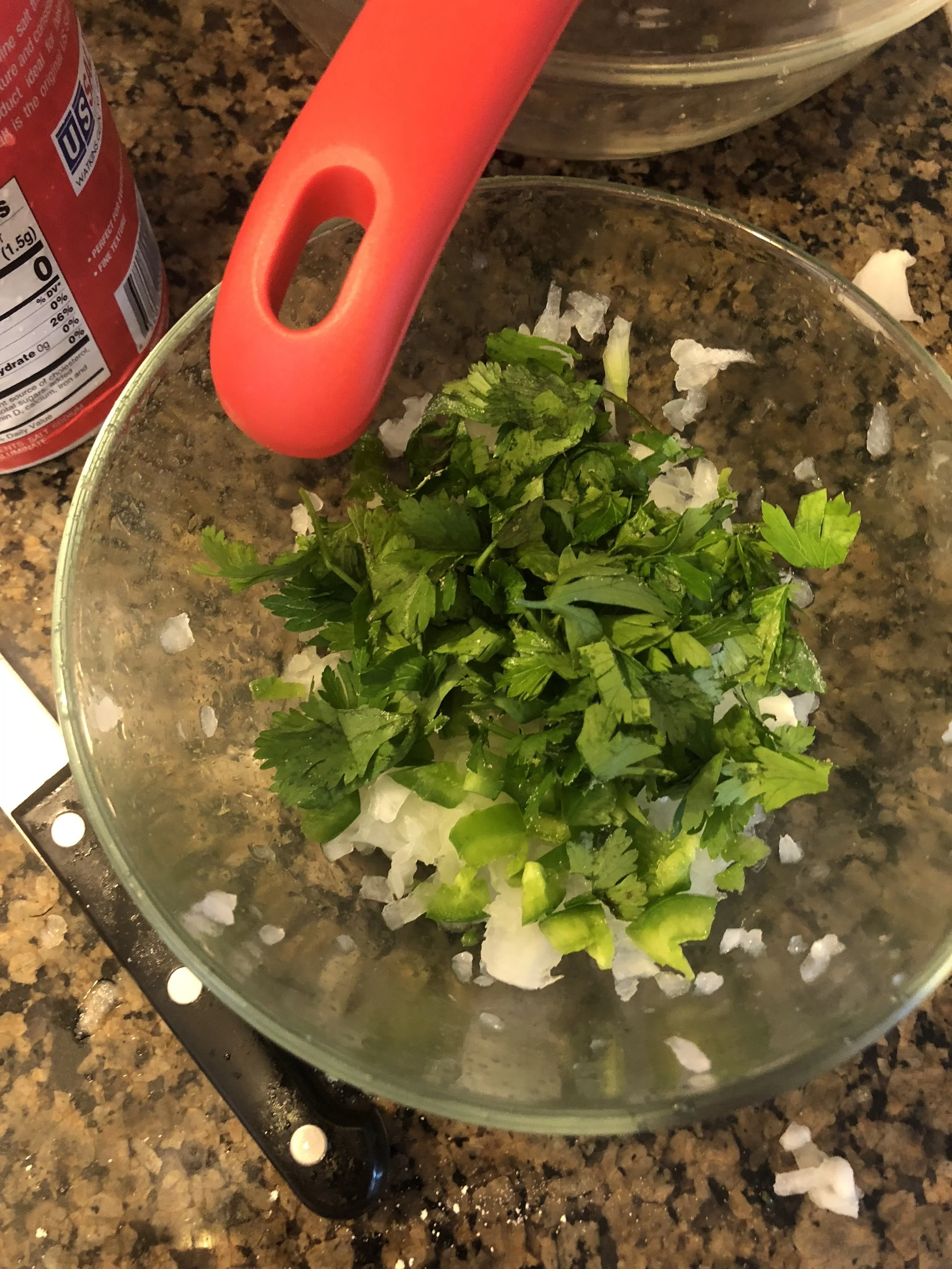 In your medium bowl, add diced jalapeño, herbs and onion. Mix thoroughly.