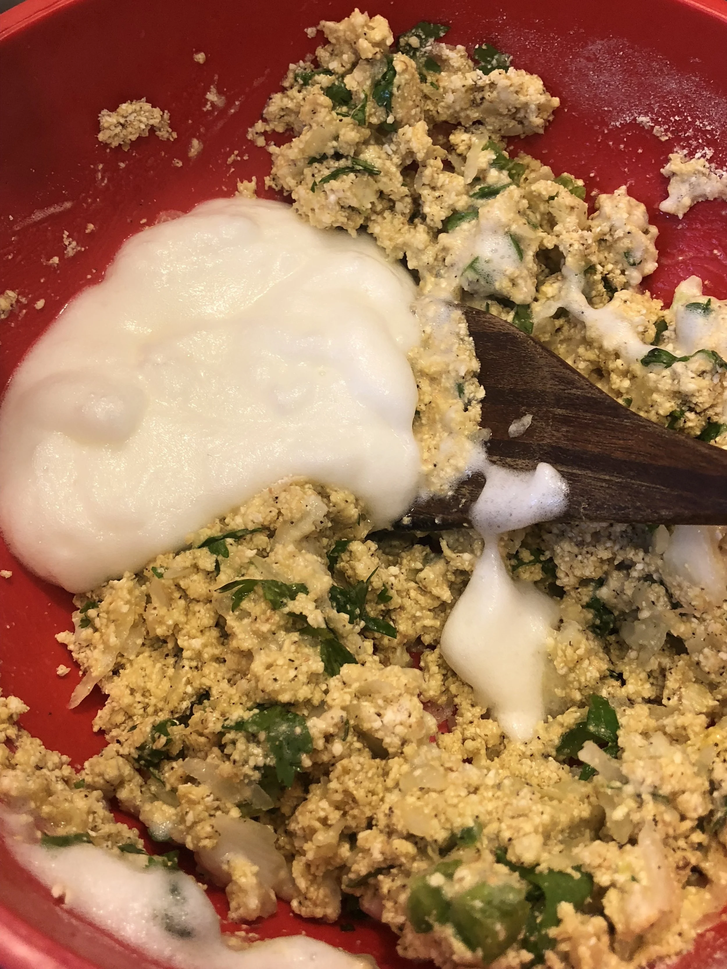 Whip the egg whites until stiff peaks are formed. Combine the wet ingredients, the matzo meal mixture and then fold in the whipped egg whites. Cover the bowl of dough and refrigerate for 25-30 minutes. Make sure to cover tightly the dough with plastic wrap, while chilling in the future.
