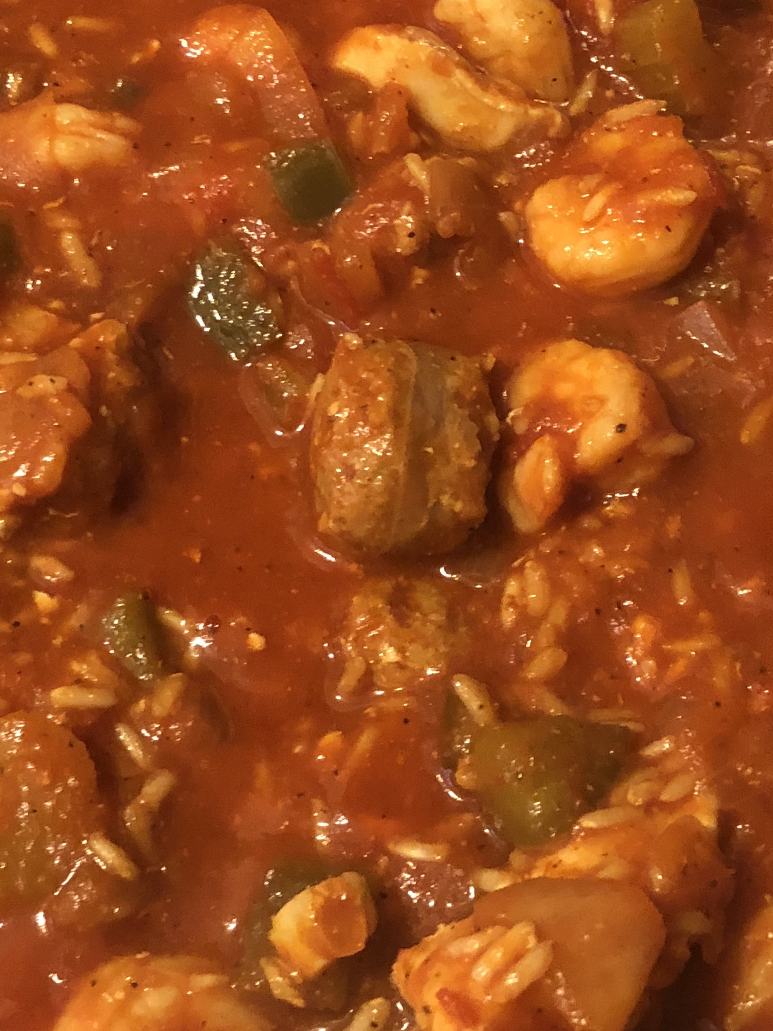 Ingredients3 sausage links (I used chorizo)2 boneless skinless chicken breastslb of medium shrimp, deveined, defrosted and with tails removed2 stalks of celebrymedium green bell peppermedium yellow onion2-3 tbls of olive oil2 tbls of cajun/creole se…