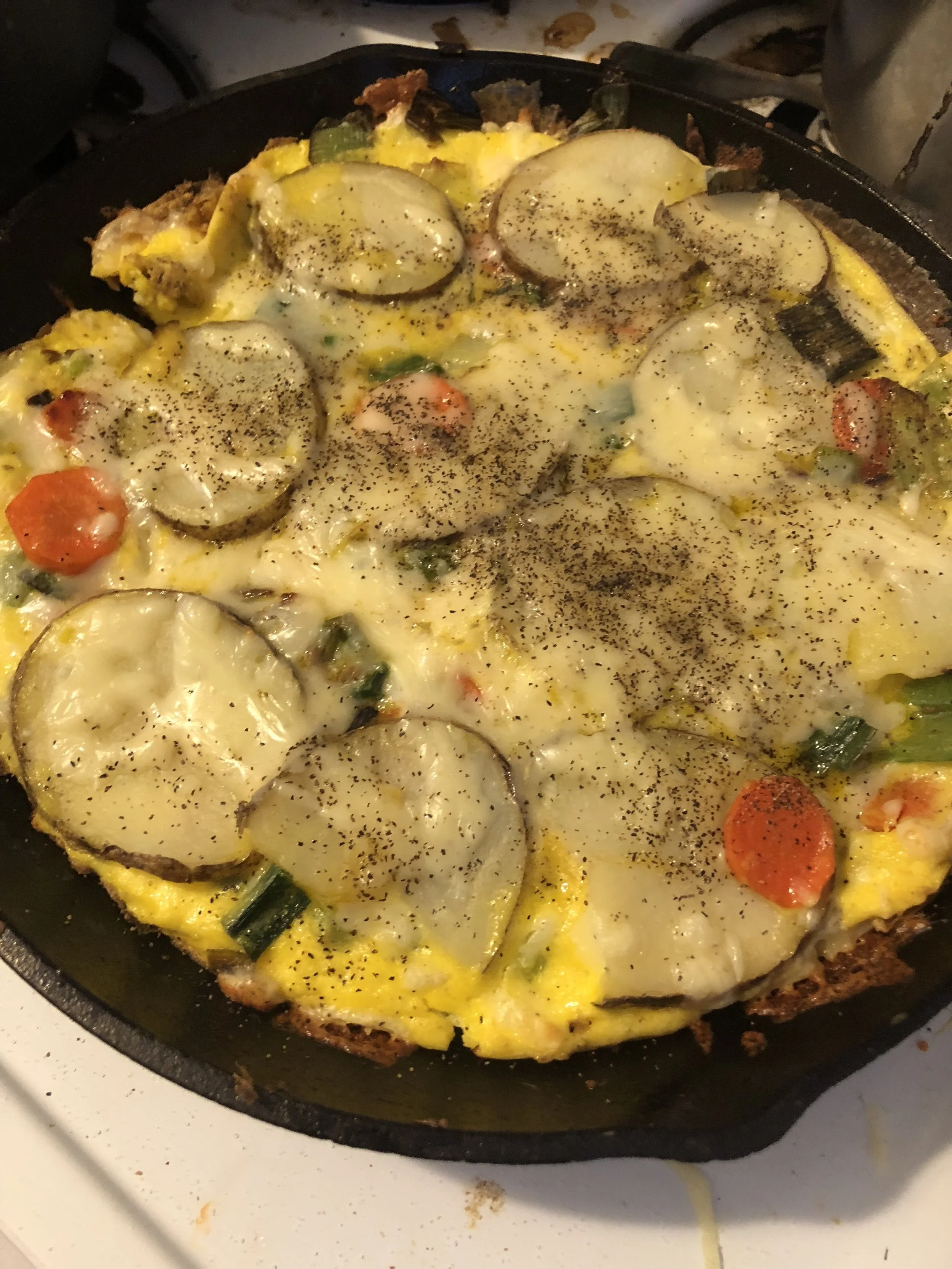 Ingredients 8 eggs 2-3 tbls of olive oil leek 2-3 carrots medium spanish onion 5-6 cloves of garlic 2 tbls of butter medium potato 3 tbls of ground pepper 0.25 cup of milk