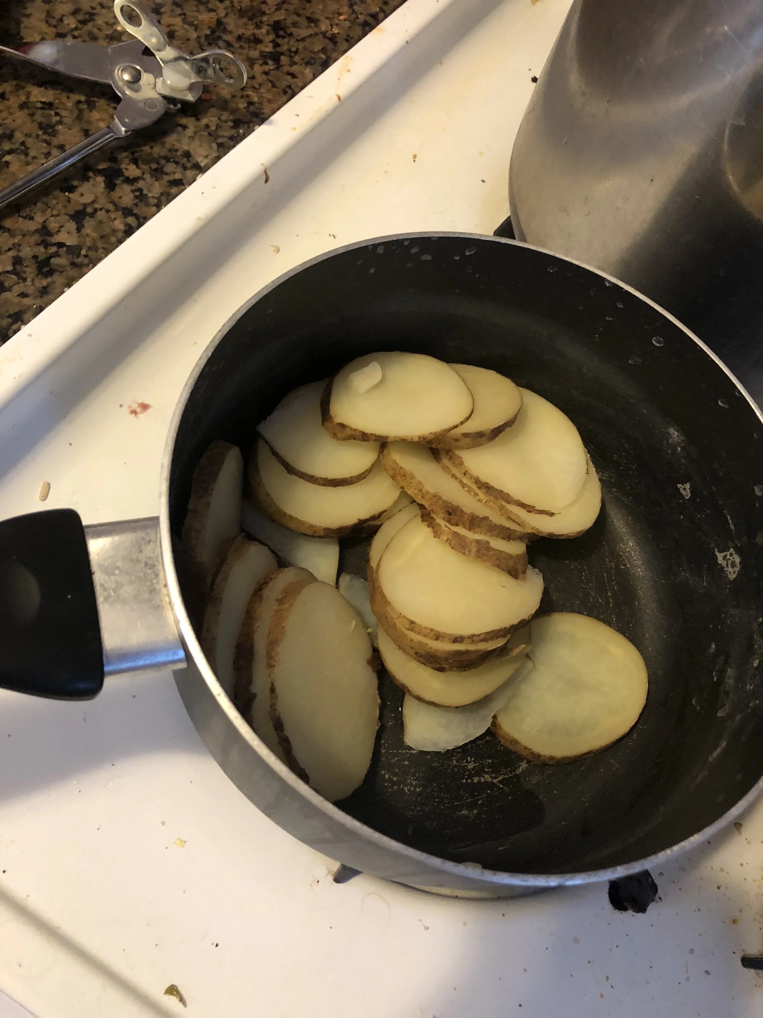 Add salt to 3 cups of water in your medium saucepan and bring to a boil. Add the potato