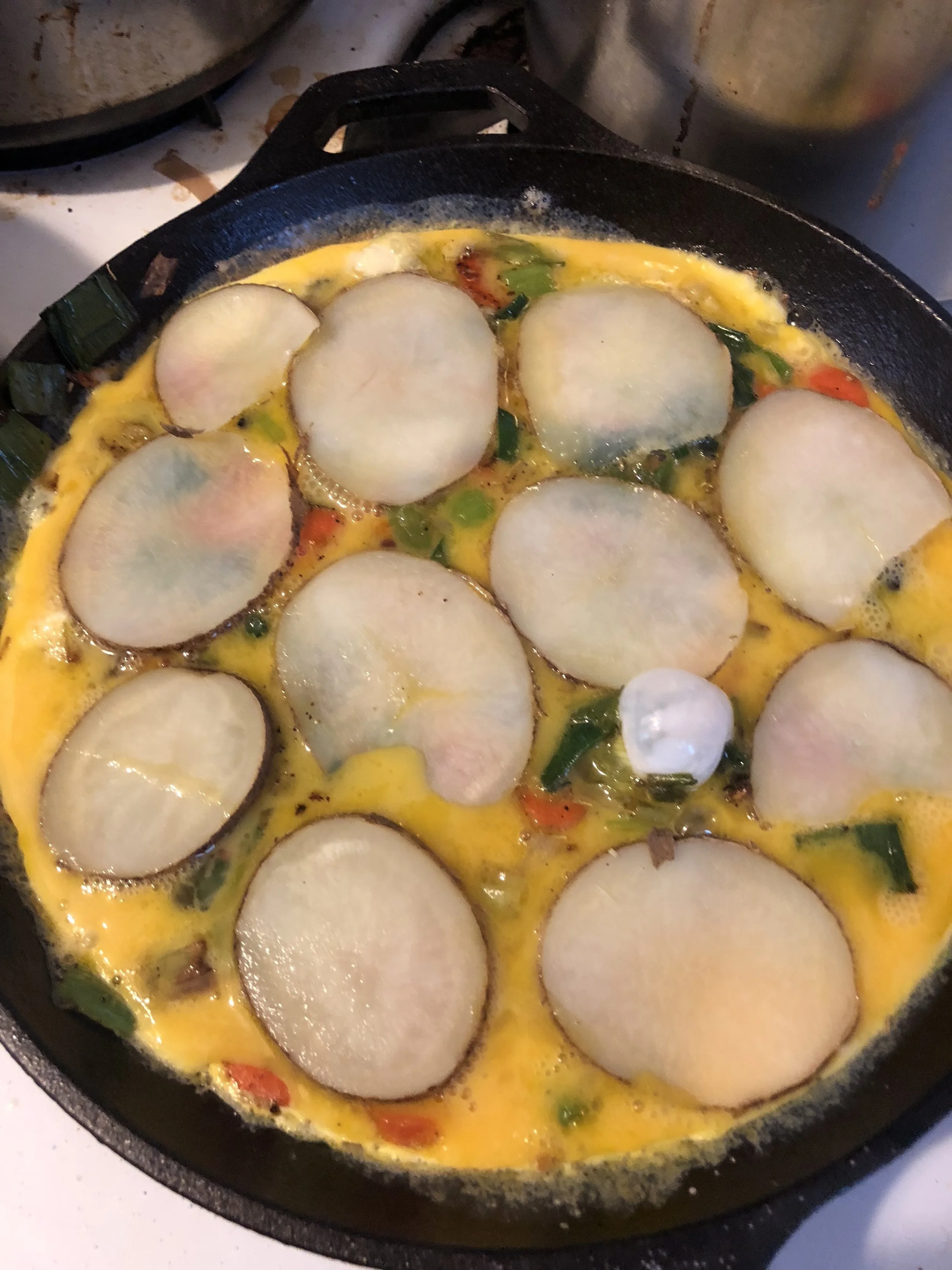 Preheat the oven to 325 degrees. Drain the potatoes when they’re cooked through and put aside. Whisk the eggs and 0.25 cup of milk, add salt and pepper and then pour with your measured hand, into the cast iron skillet. Use a stove safe spoon to thor…