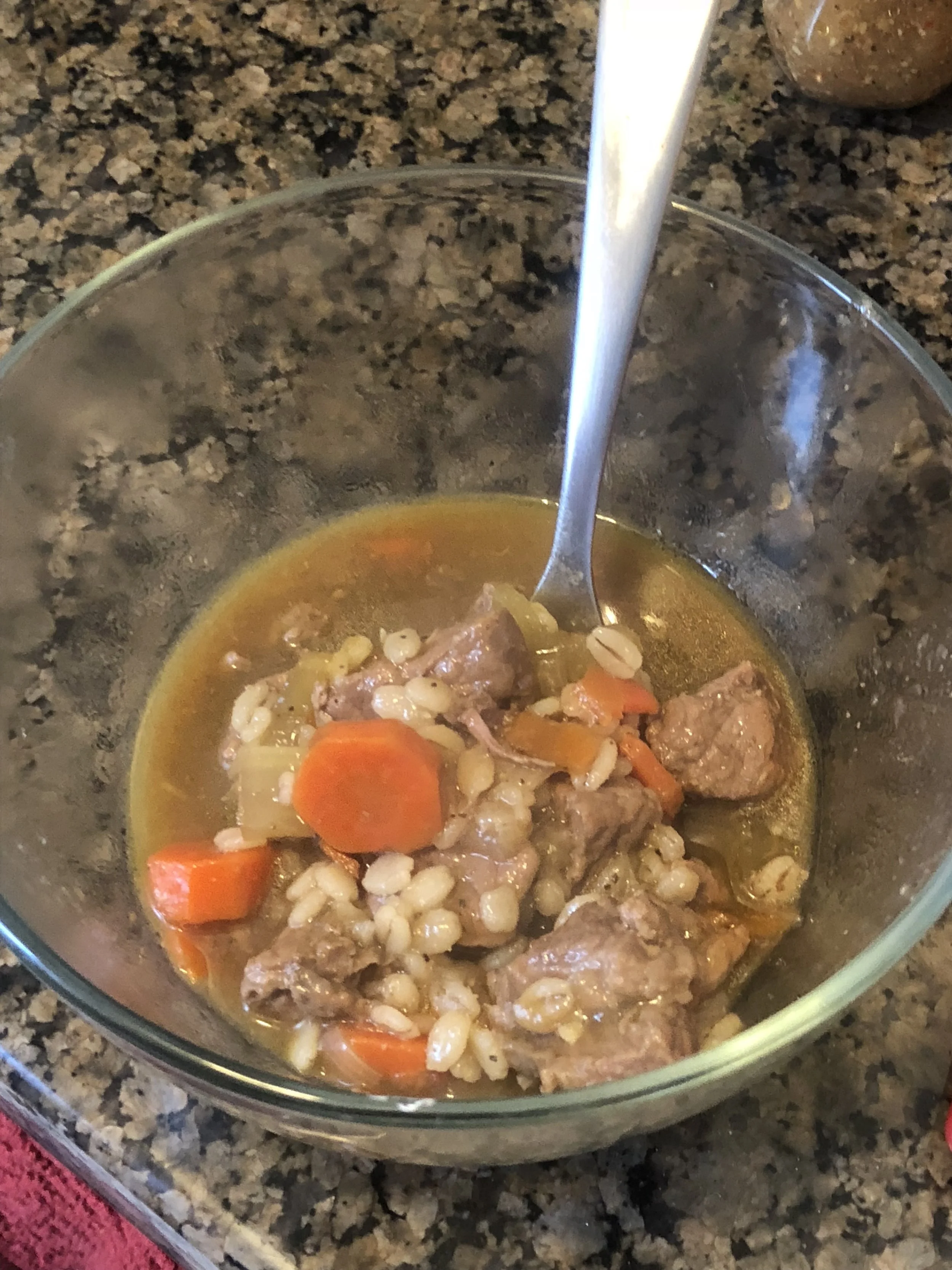 LB - 1.25 lb of cubed stew beef3 carrots (peeled and diced)medium Spanish onion )diced)3 stalks of celery (diced)2 cloves of garlic6 cups of beef broth/stock (I used Goya beef bouillon and water)2 bay leavescup of quick cook barley (Quaker Oats bran…