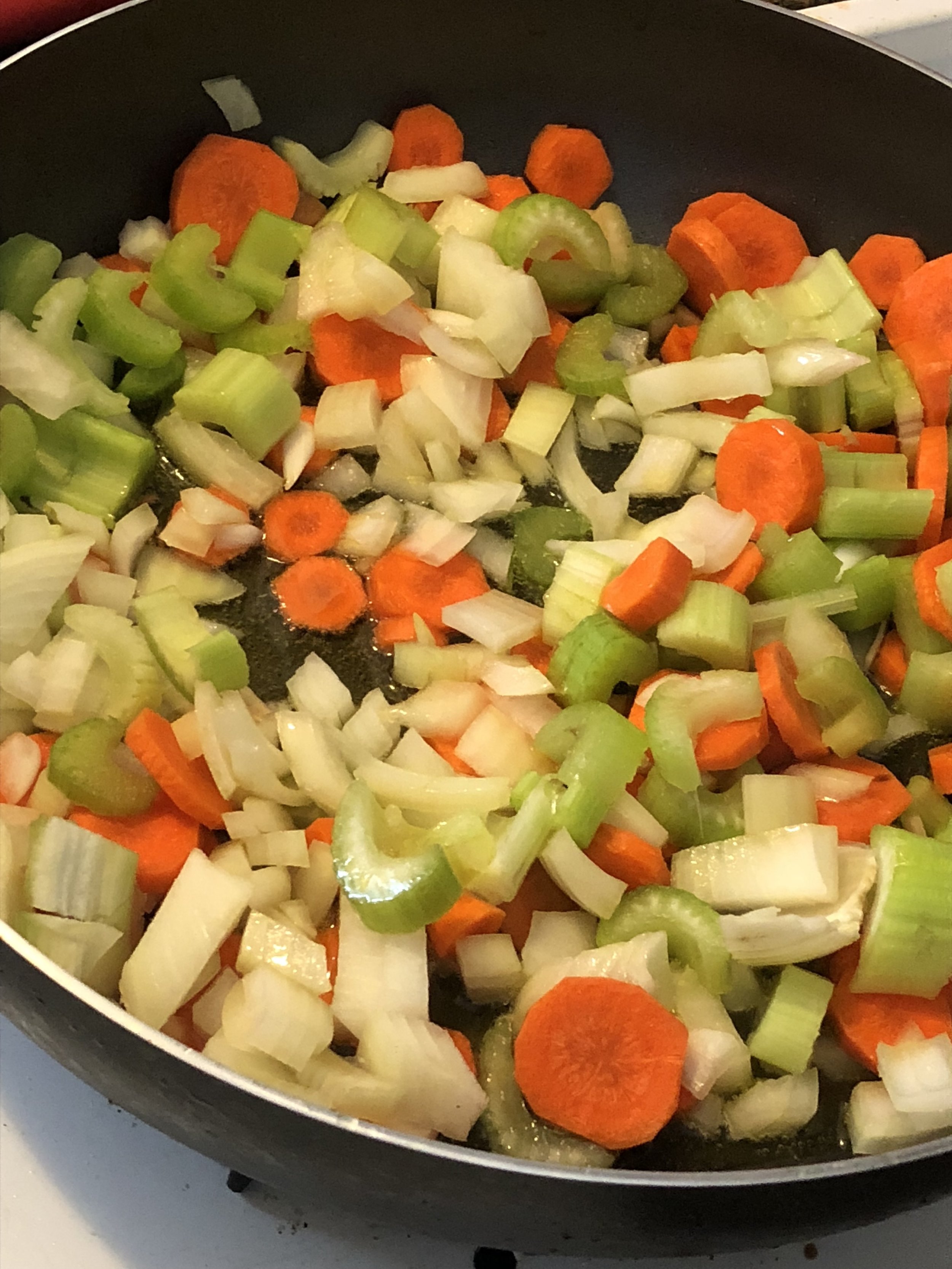 add the oil to the medium skillet and wen hot, add the diced carrots, celery and onions. Cook until aromatic and soft.When cooked, add the tomatoes and chicken stock
