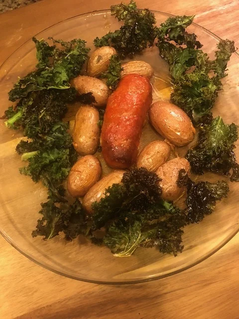 Ingredients2 sausages (Italian sweet or hot, or both…I am sweet and hot so I seek both in my sausages)2 cups of raw Cale, trimmed with stems removed6 tbs of olive oil2 cups of little potatoes2 tbls of dijon mustard2 tbls of honey3 tbls of red wine v…
