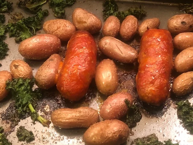 serve hot and drizzle the remaining dressing over the kale.My comments: I love this dressing and when making again I would double the recipe and coat the potatoes and the greens in the dressing before putting them in the oven, as well as drizzling o…