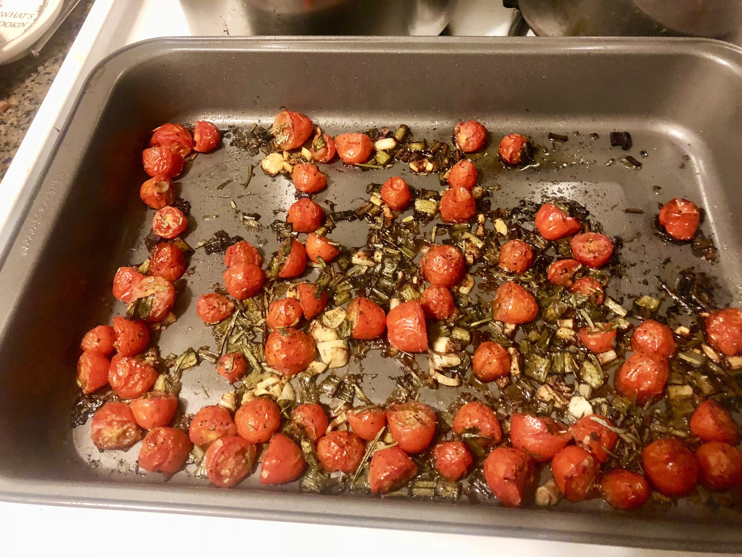Remove the tomatoes form the oven when they’re cooked through, after 15-20 minutes.