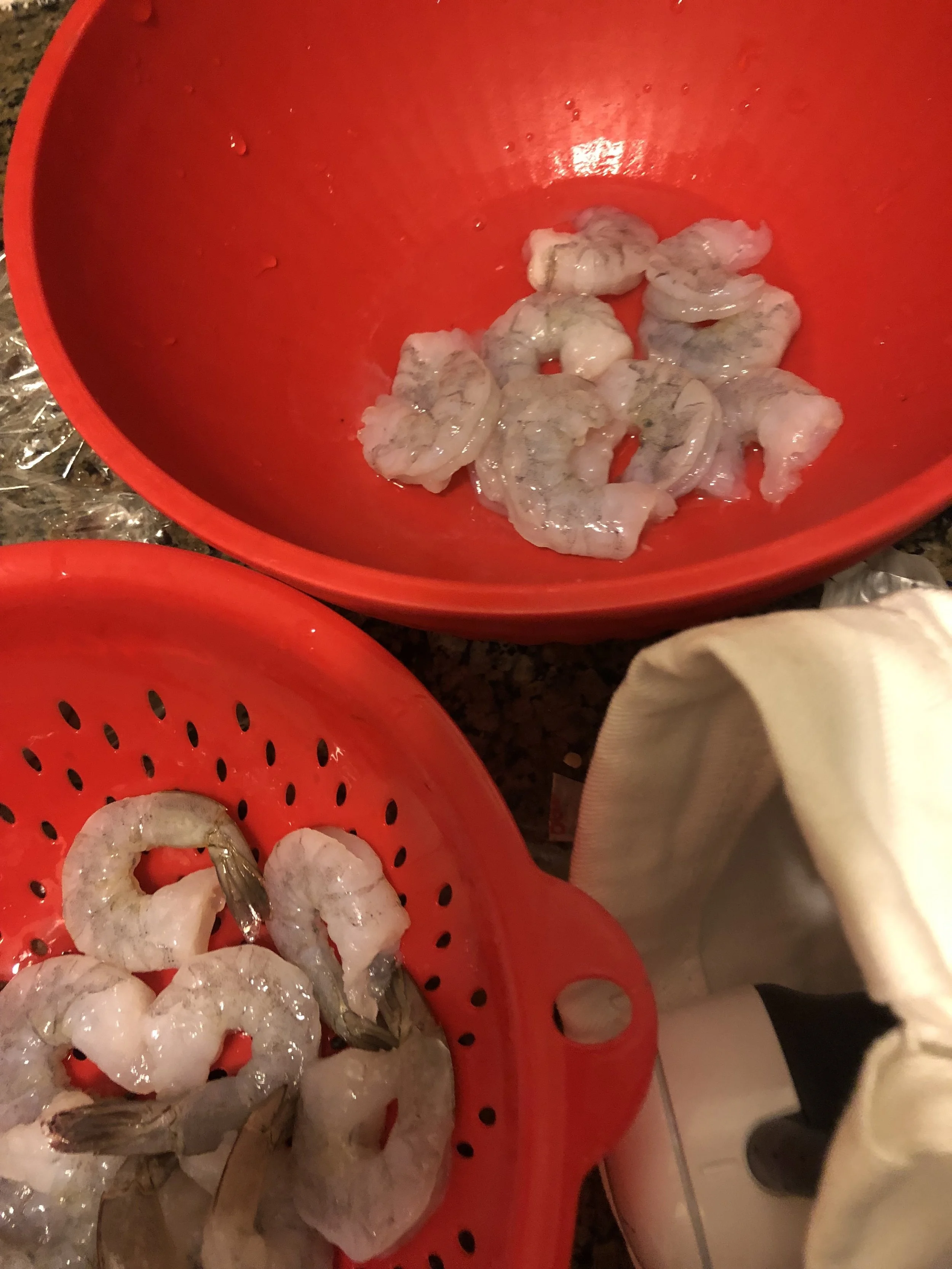 Defrost (if you’re using frozen shrimp as I did), rinse, peel and devein your shrimp