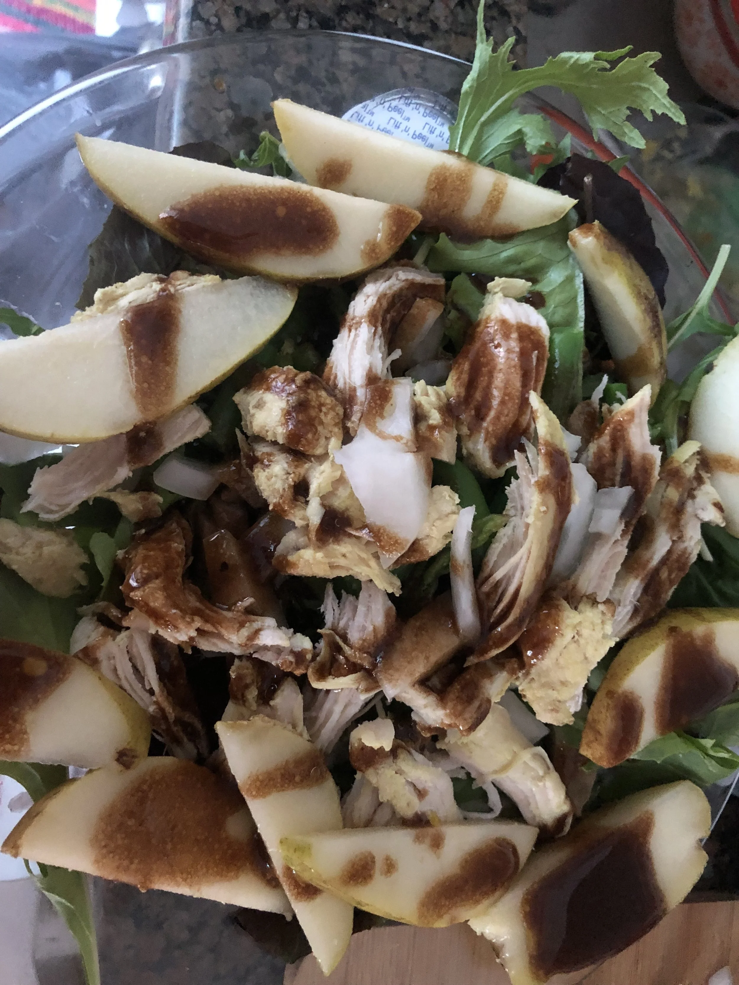 Ingredientsripe pear0.5 lb of asparagus0.5 lb green beansmedium scallionmedium chicken breast2 cups of spring greensdressing0.5 cup of balsamic vinegar0.5 cup dijon mustard0.25 cup of soy sauce0.25- 0.5 cup of olive oilground pepper, to taste