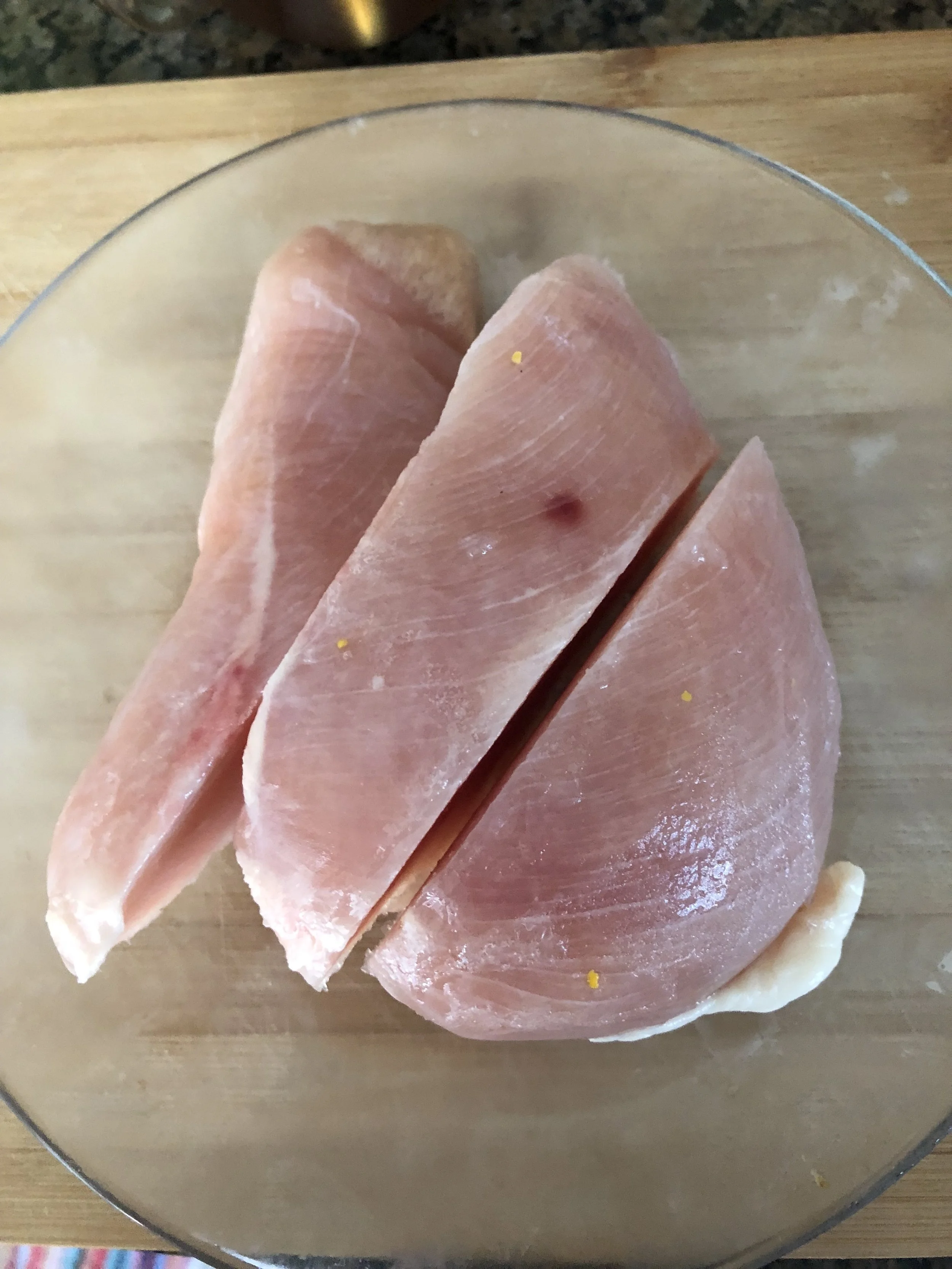 Cut your chicken breast into pieces which will quickly cook