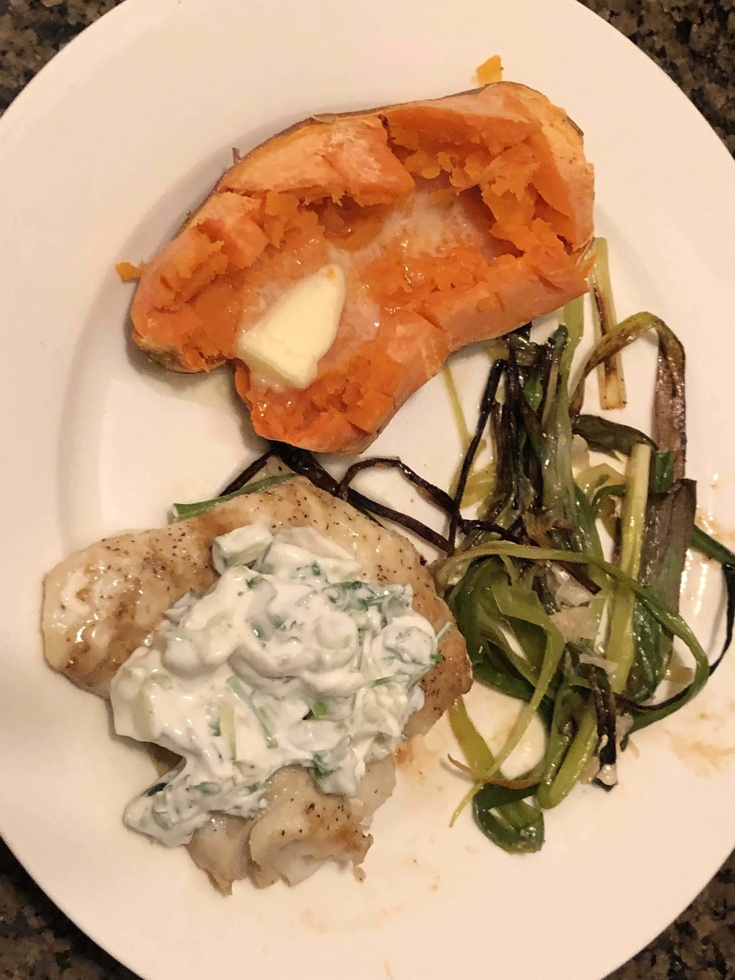 IngredientsLb (or so) of cod, in fillets - I bought a package with 2 fillets, not quite a pond because I was making it for myselfbunch of crunchy scallionscucumber, diced. cup of plain whole milk yogurtcup of diced cilantromedium shallot, dicedpowde…