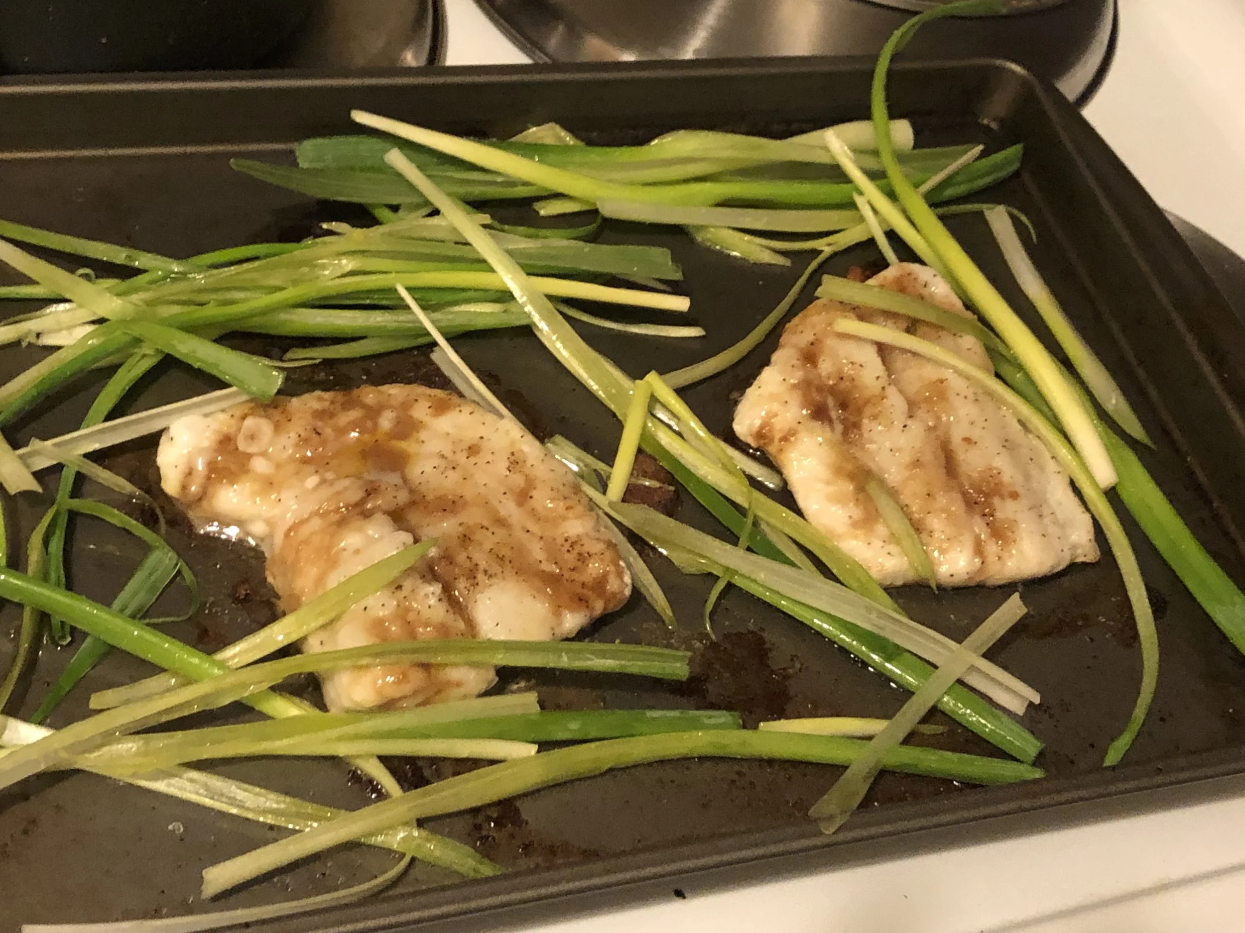 Check on the fish after 5 minutes and if it has developed a cooked color on top, sprinkle the ballot around the pan and put the pan back in the over. While the fish and scallions cook, make the yogurt sauce by mixing yogurt, cucumber, shallots, salt, pepper, diced garlic and lemon juice.