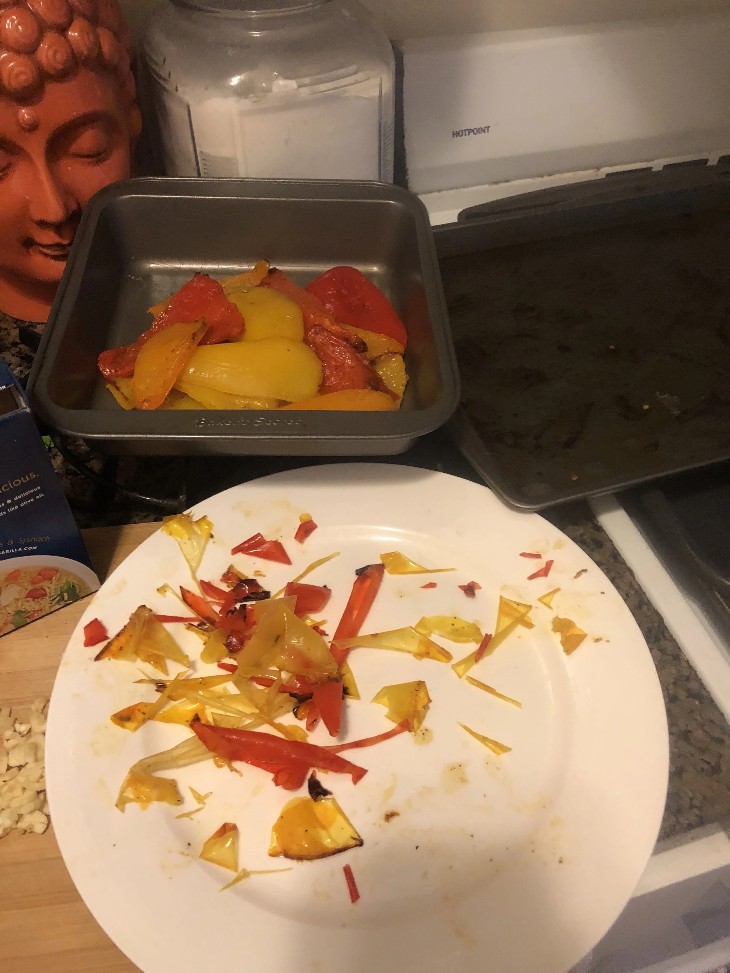 Tear flesh into ½" strips and place in a shallow 3-qt. baking dish along with all the accumulated juices in the bowl. Add garlic, vinegar, and red pepper flakes and toss well to combine. Taste and season with more salt.