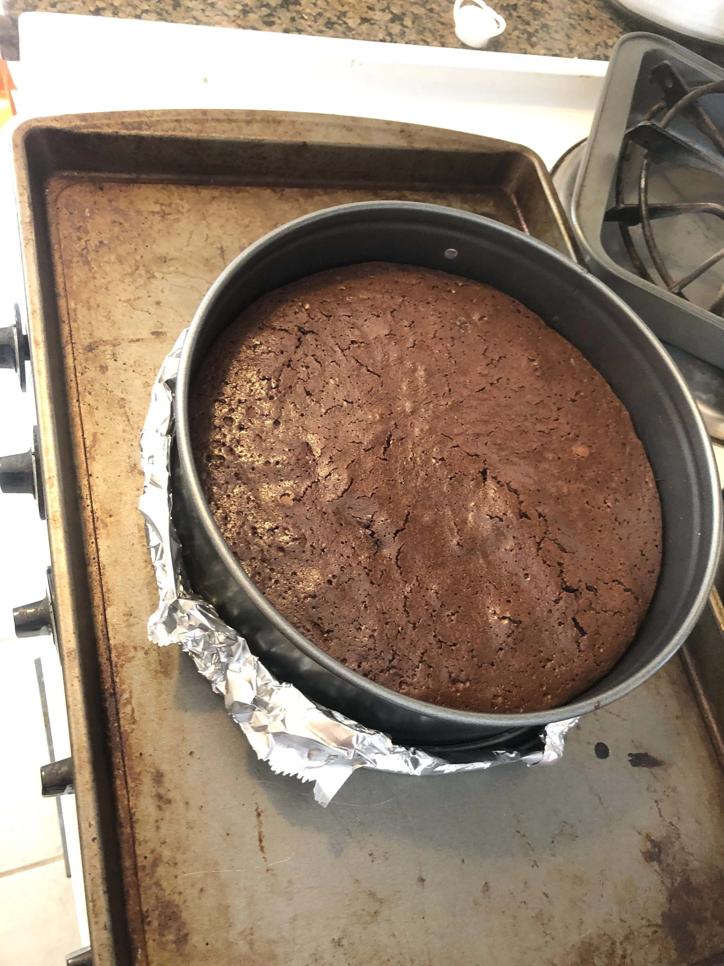 The cake is done once it has risen and there are cracks in the top.