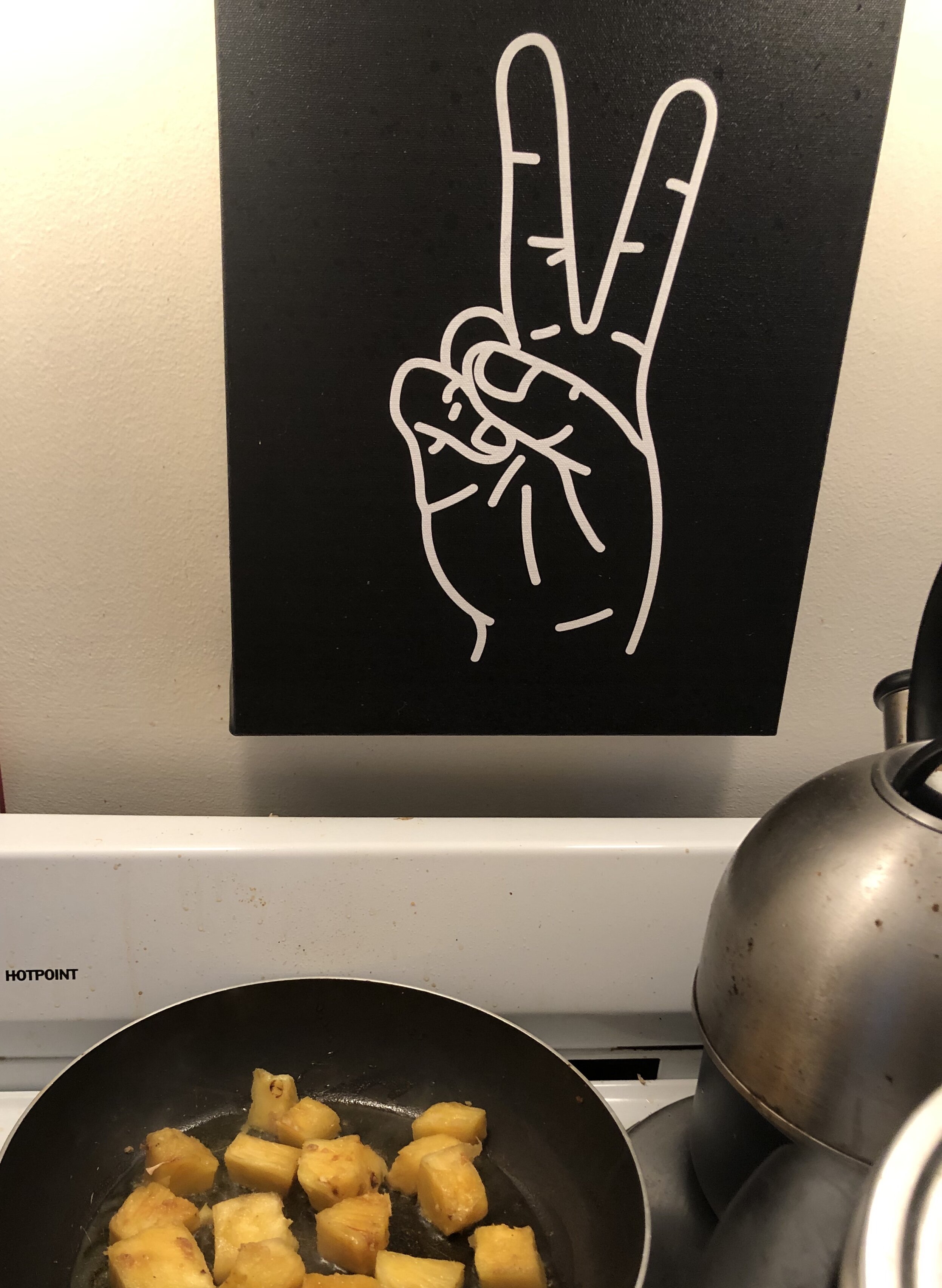 Add 2tbls of olive il to the medium skillet and then using tongs, place only your pineapple in the skillet.