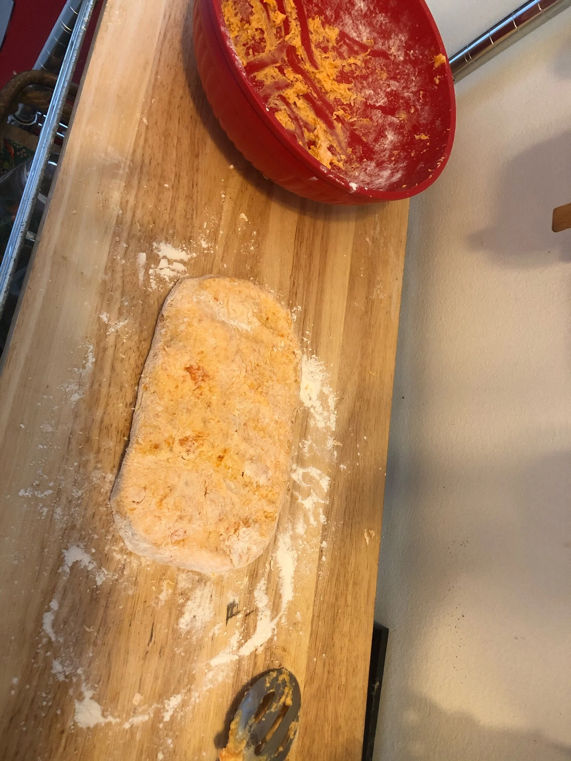 Knead your dough into a loaf shape apx 5 X 9 inches, as you are going to cut slices off as if you were slicing your banana bread to serve to guests.