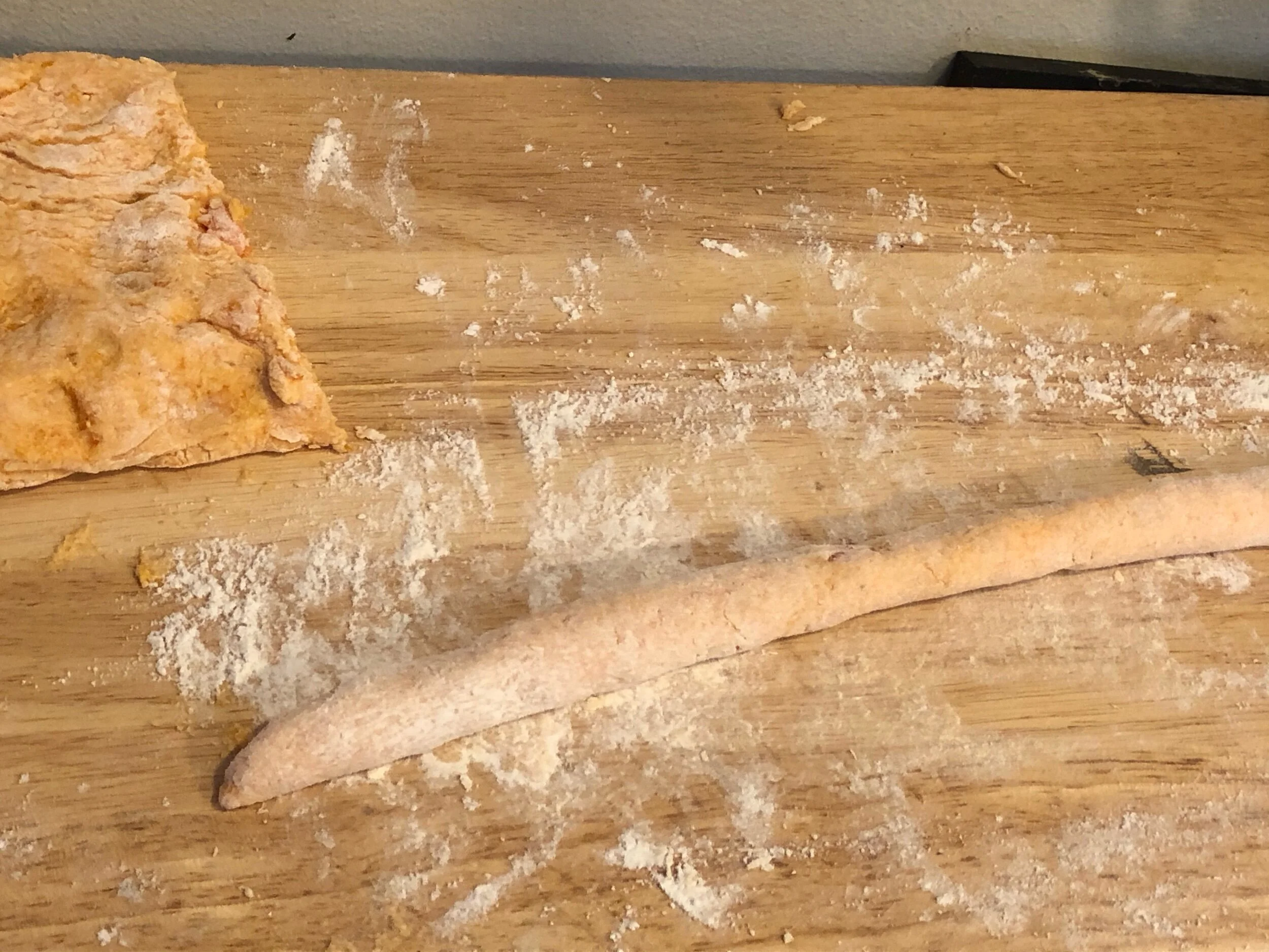 Using your hands roll the dough into a log, or if your playground game is tight, a “skinny snake”. You might have to keep reflouring the loaf and the surface to make sure it does not stick ***My ratio of sweet potato to flour was slightly favoring m…