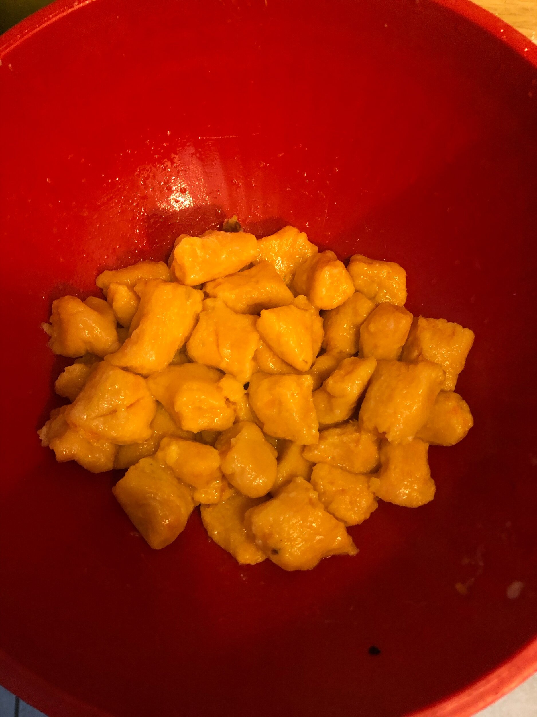 I learned my lesson: Perfectly cooked al dente gnocchi (as al dente as this particular sweet potato to flour gnocchi recipe can be). Toss with light tasting olive or vegetable oil to prevent them from sticking together and place to the side.