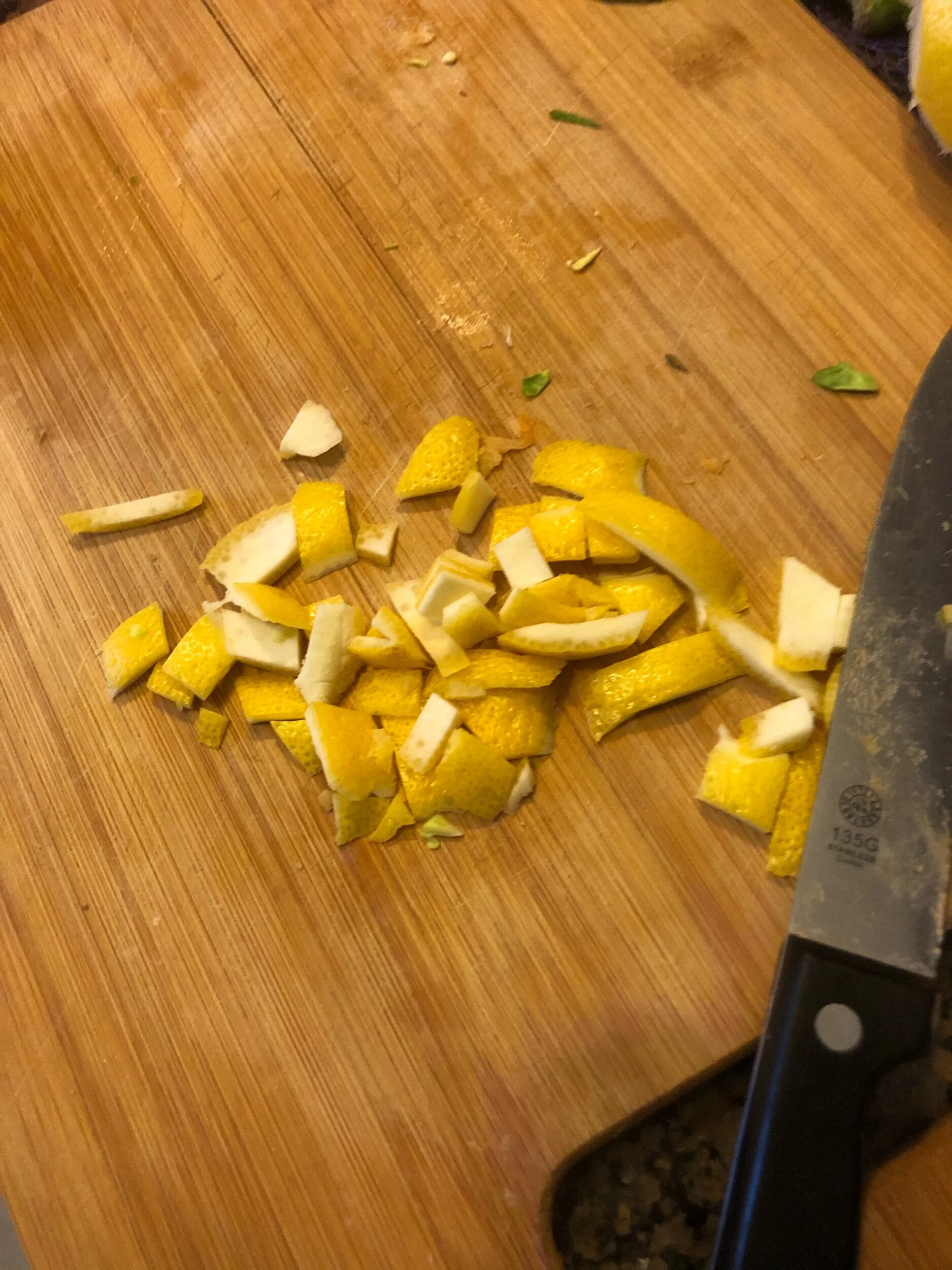 Cut strips of lemon zest by peeling the rind and cutting into strips….If I were to make this recipe again I would either cut big strips or dice sm, because the bite sized pieces were too much in a mouthful.