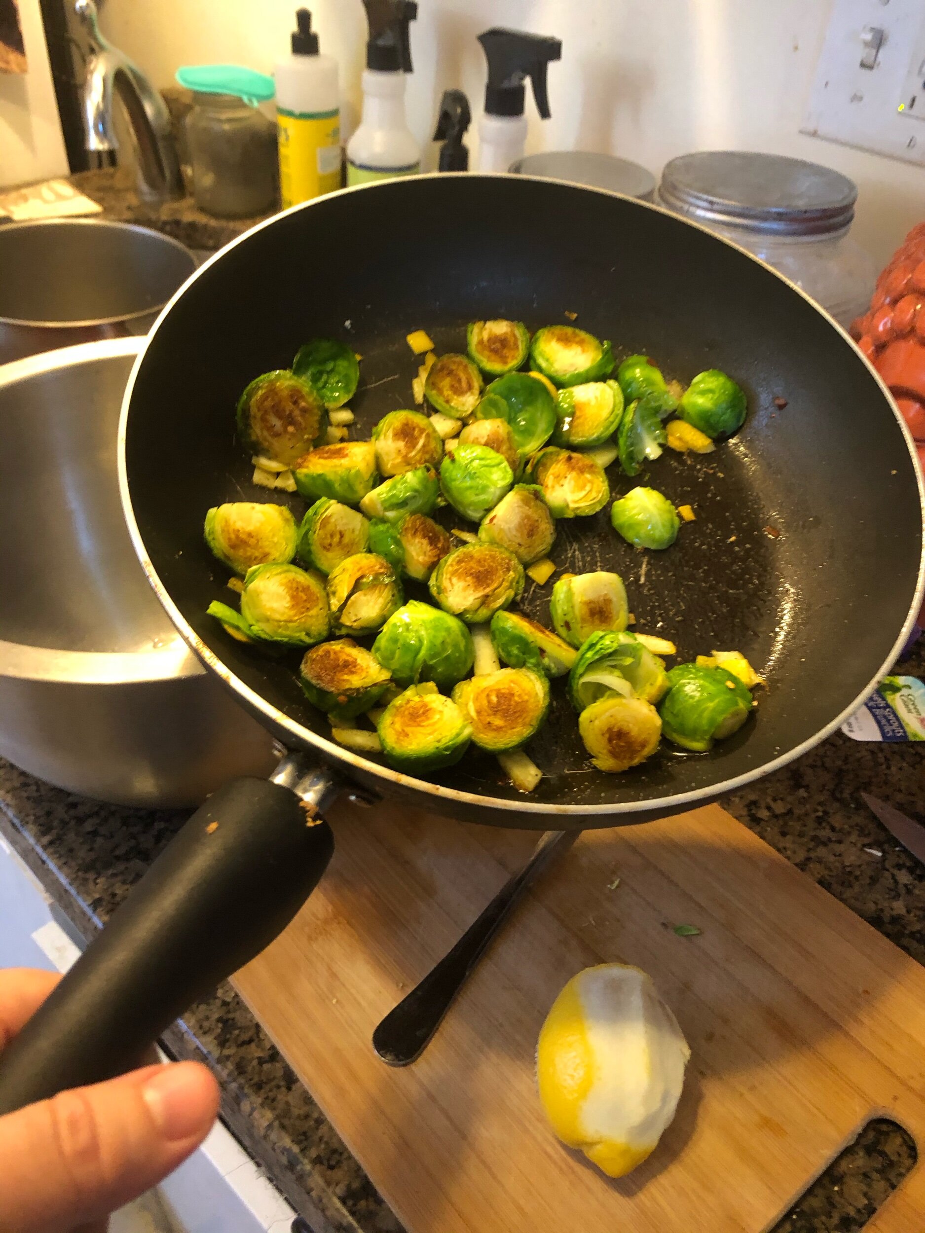 Cook until the brussels sprouts are browning. Remove form the heat and the pan.