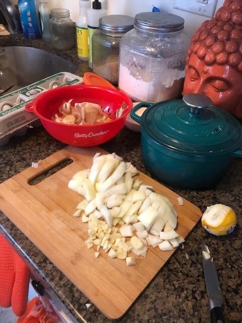 Dice your onions and garlic.