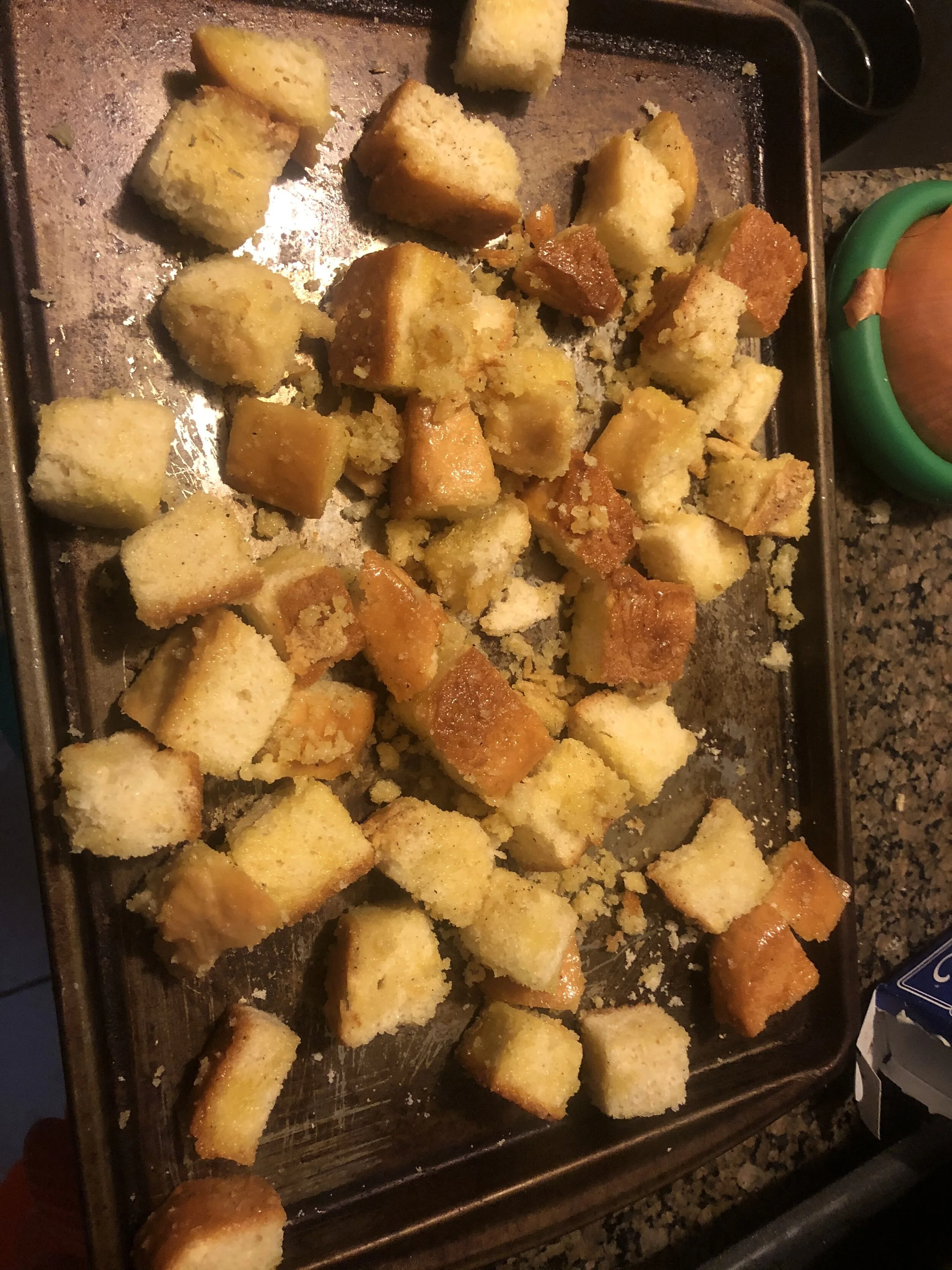 Spread the croutons on a baking sheet and turn the oven to 350 degrees