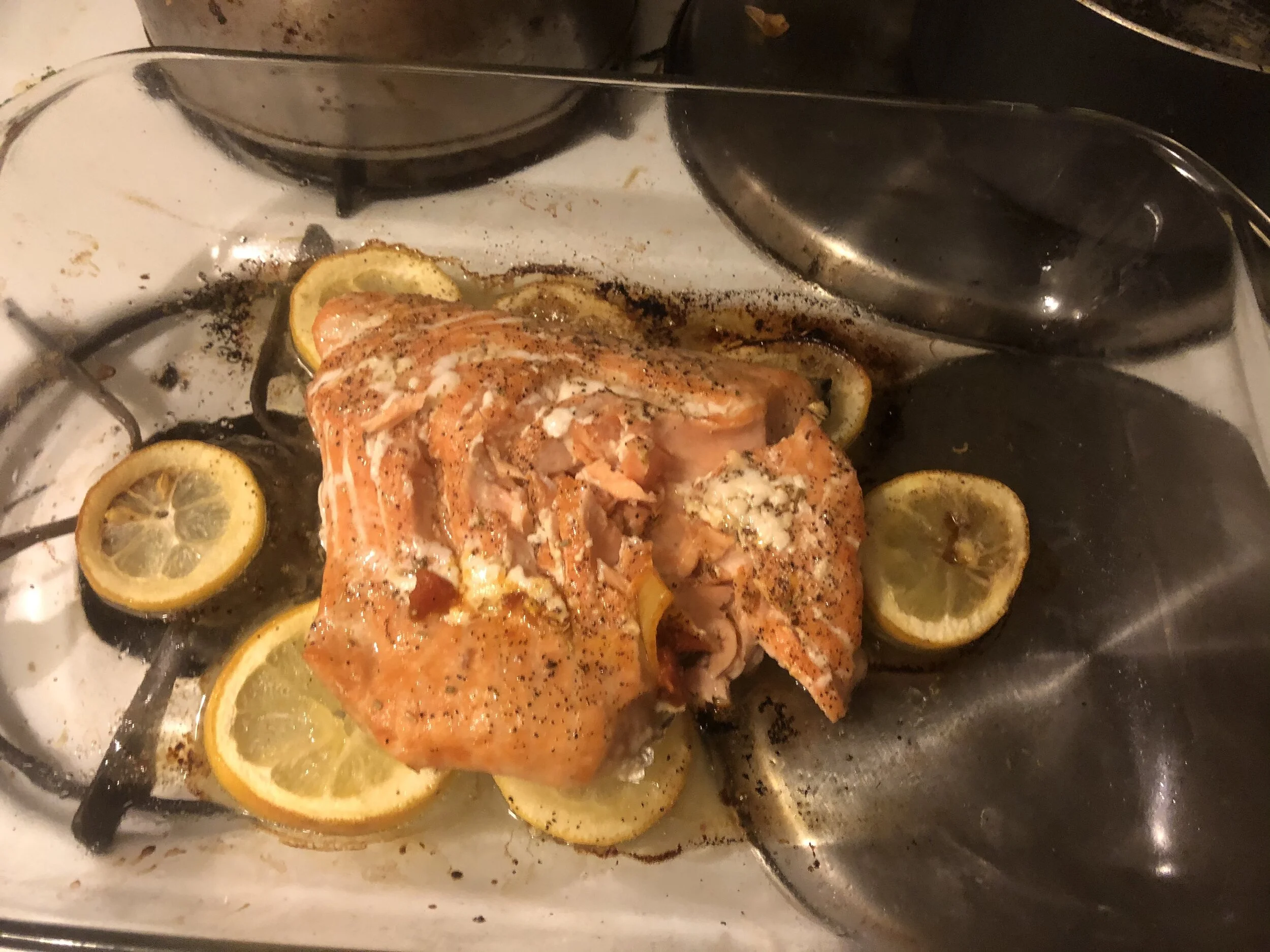 My Salmon Steak took apx 40 min to cook, but it was worth letting it cook for the product. This photo shows I was getting hungry and tested the “flake factor” in not such. a pretty way…c’est la vie…There will be other opportunities for beautiful sal…