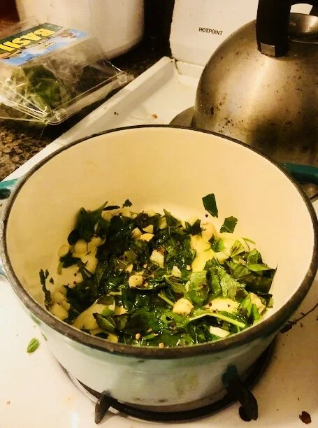 POUr your olive oil into your dutch oven and heat until hot. Add the crushed garlic, diced baSil, diced parsley, and cleaned thyme. Then add the butter and cook until aromatic.. Add the the olives and 2 tbls of brine.