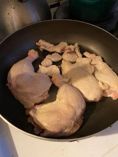 Add oil into your medium skillet and add your chicken breasts to the pan (pictured - all the parts of the chicken I got from my whole roaster mentioned earlier in this post)*In this step in the future, I would season the chicken breast with salt pep…