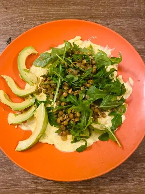 Lentil and Arugula Salad with Turmeric Yogurt and Avocado