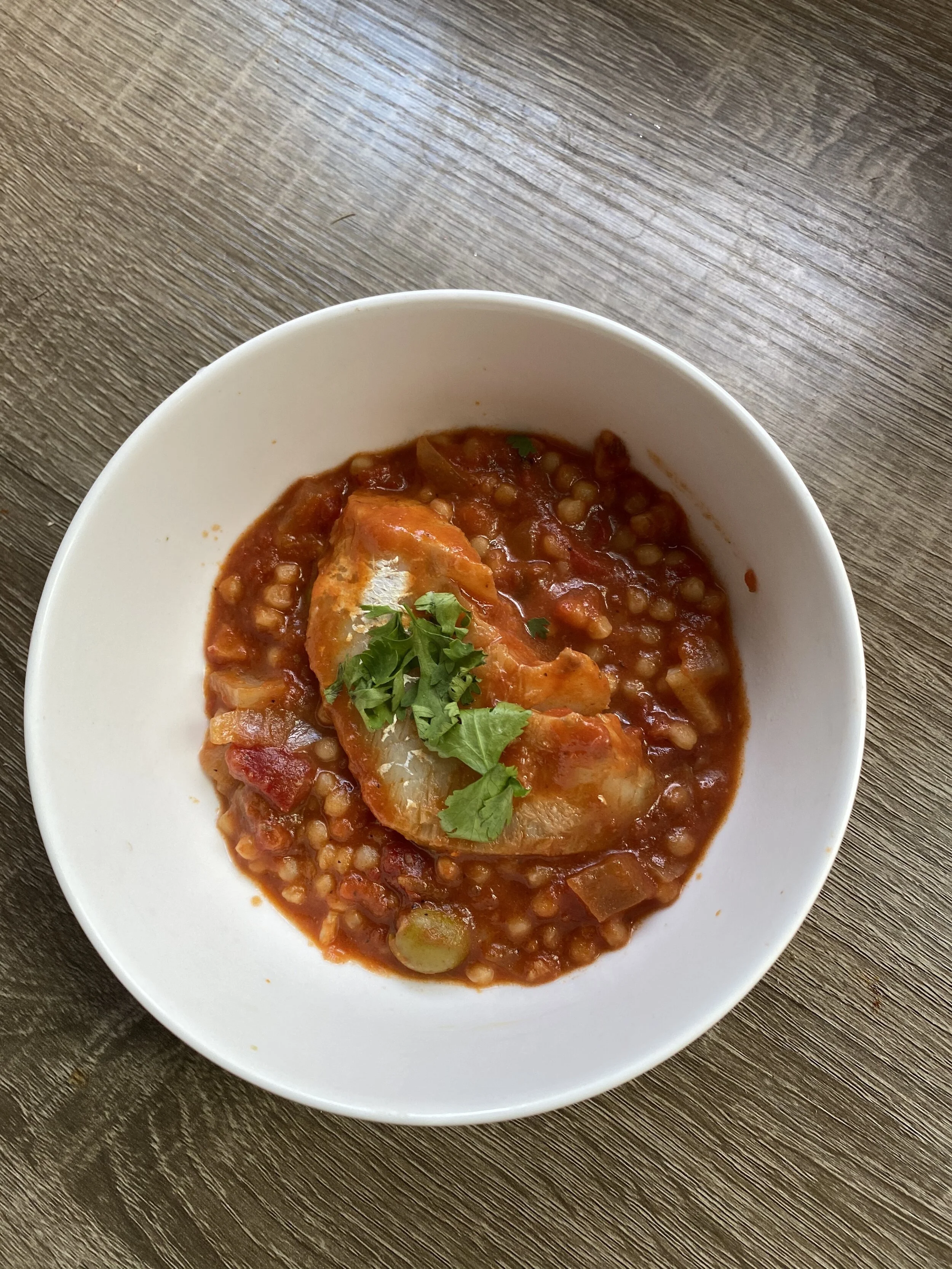 Tomatoes and Pearl Couscous with Whitefish (Single Pot Smoky Fish with Tomato, Olives and Couscous)